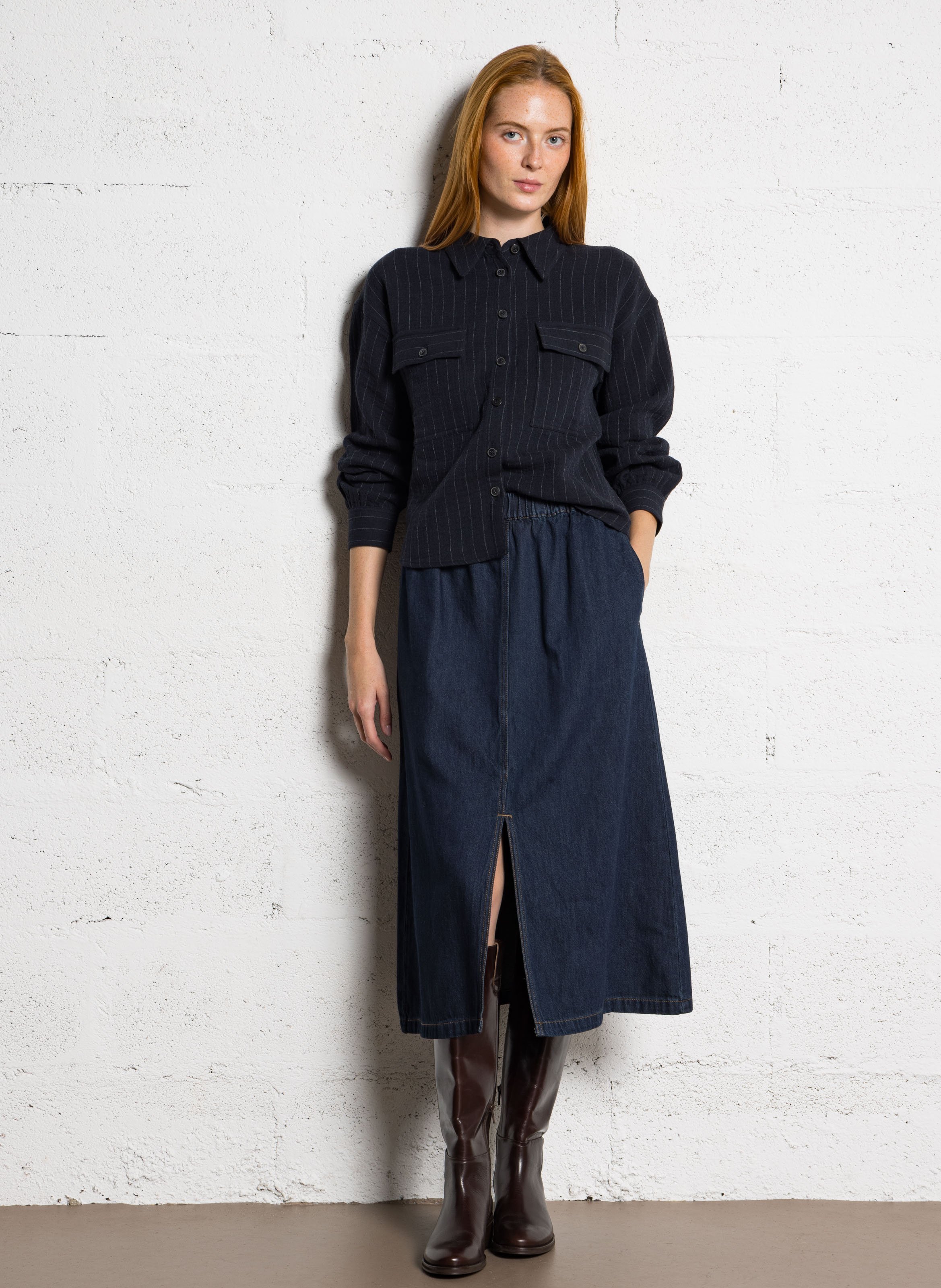 Chemise droite col classique en coton mélangé rayé clara MAISON 123 Bleu