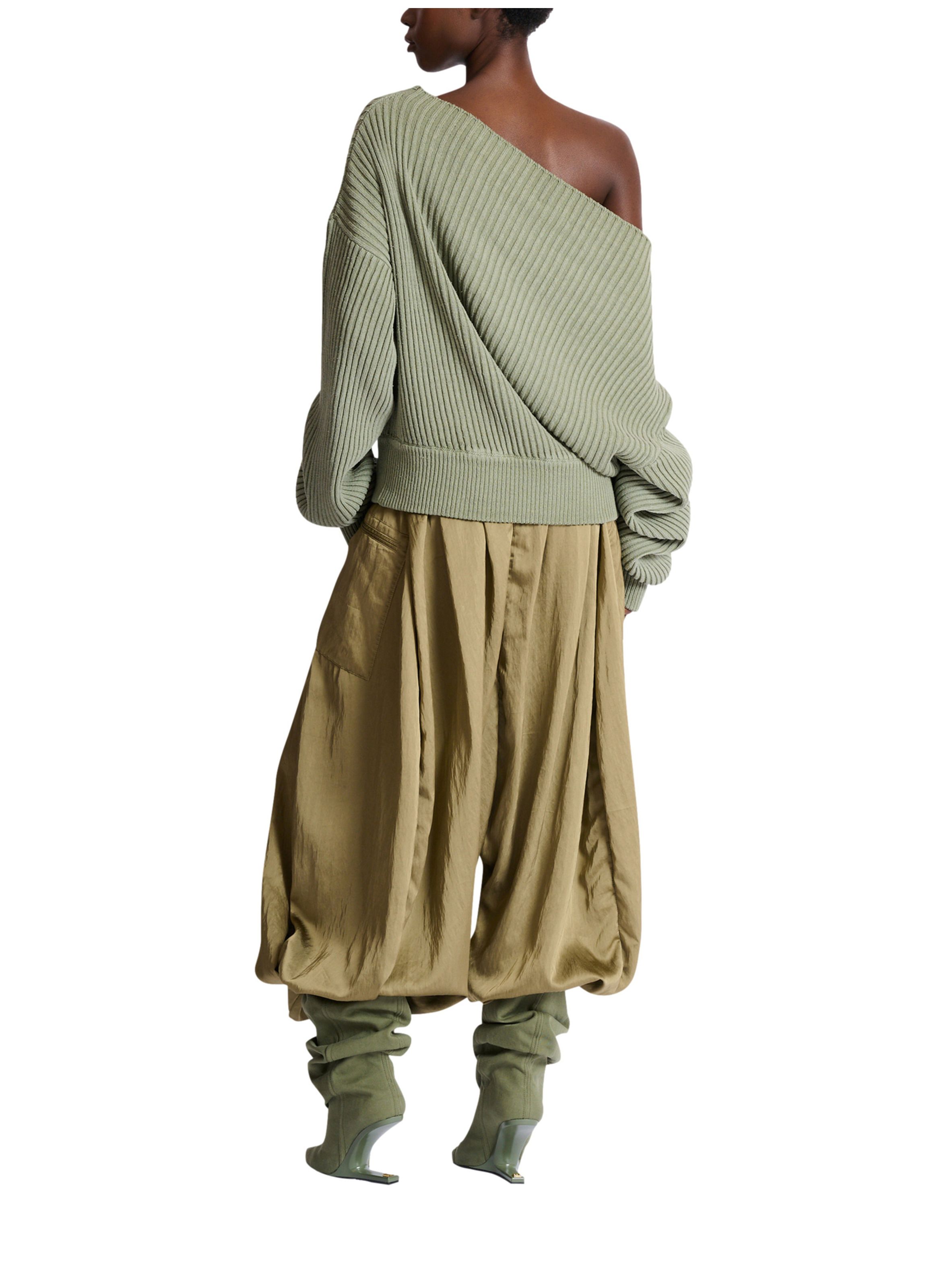 Pull drapé asymétrique en maille de soie côtelée BALMAIN Vert