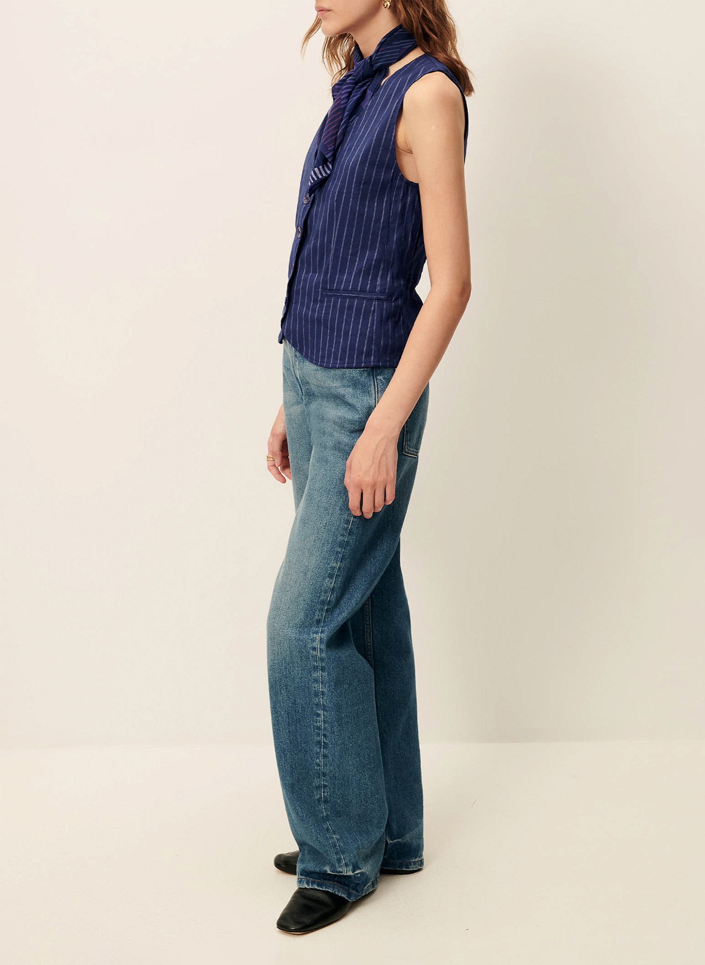 Top col v en lin mélangé fernando SESSUN Bleu