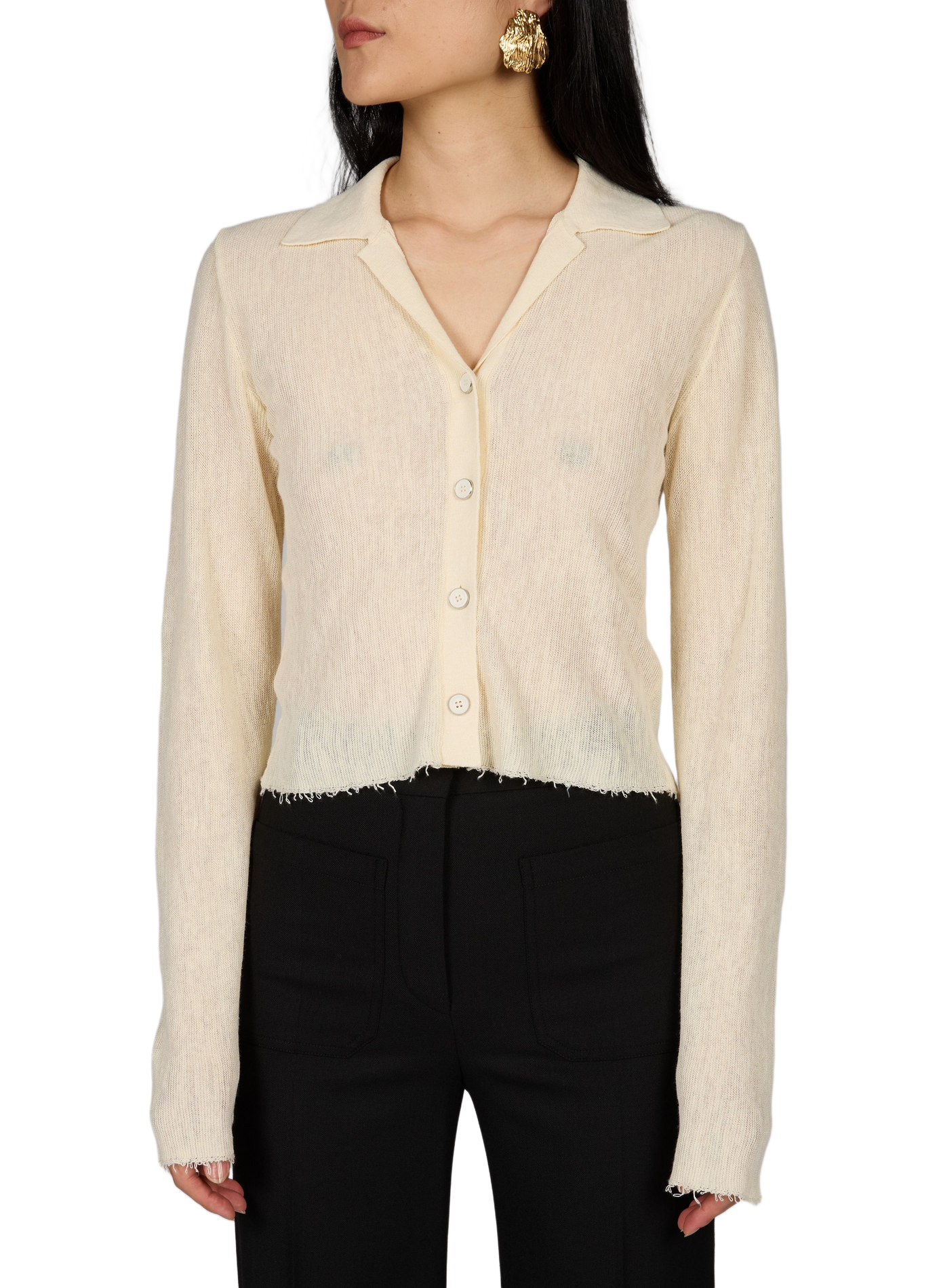 Top corto abotonado con cuello cubano en mezcla de lino. HELMUT LANG Beige