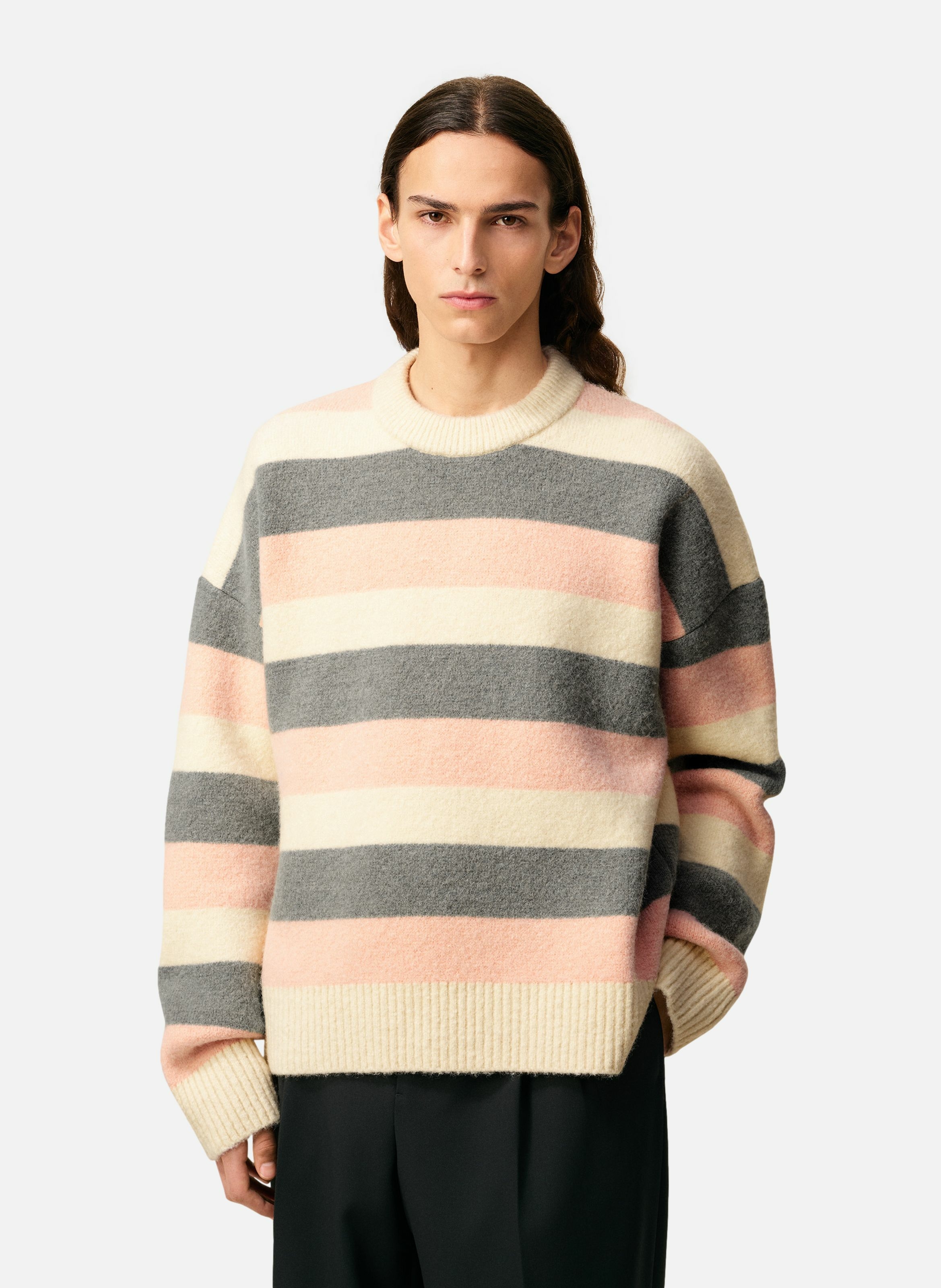 Pull rayé col rond en alpaga unisexe AMI PARIS Gris