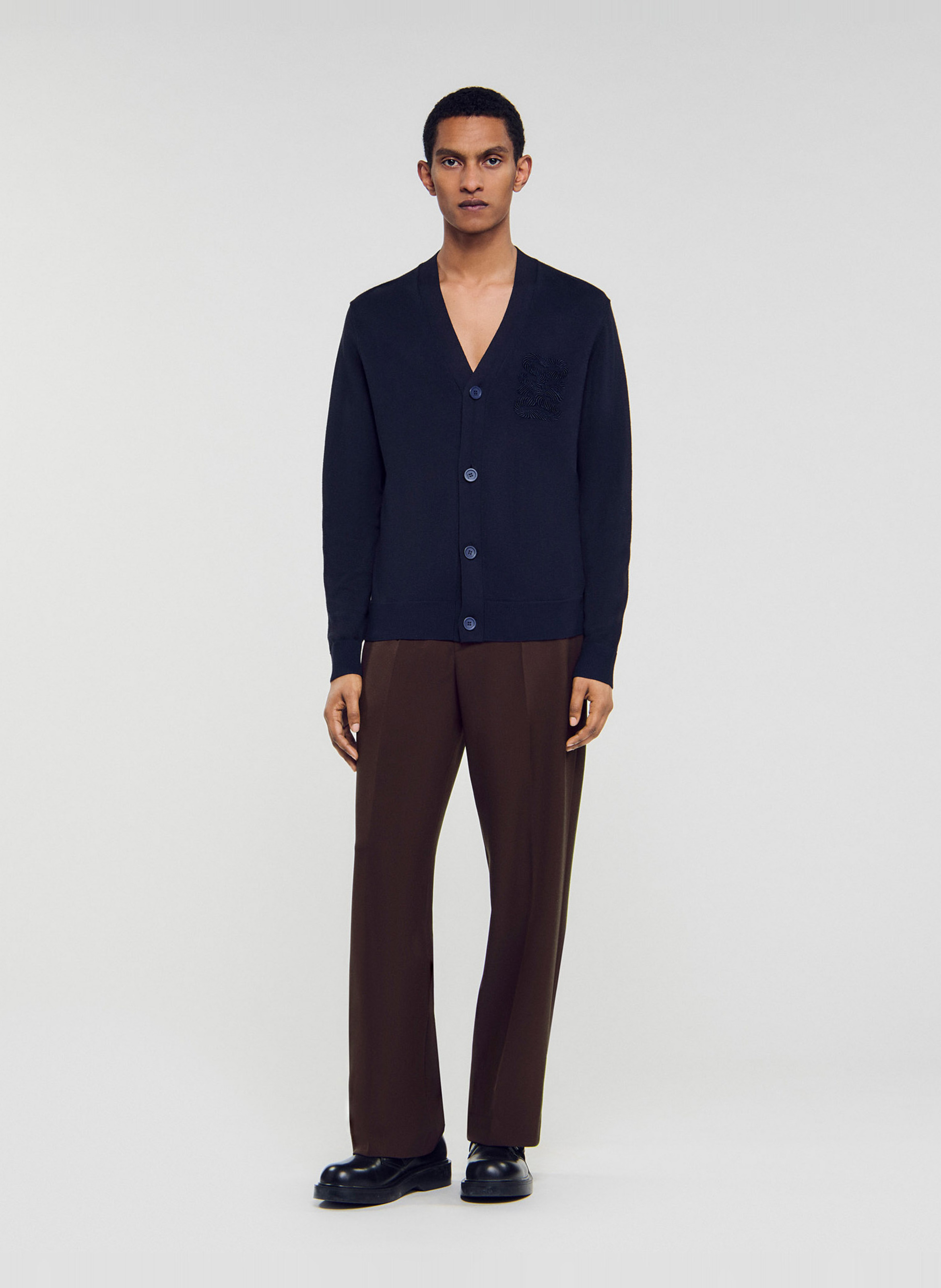 Cardigan col v boutonné uni SANDRO Bleu