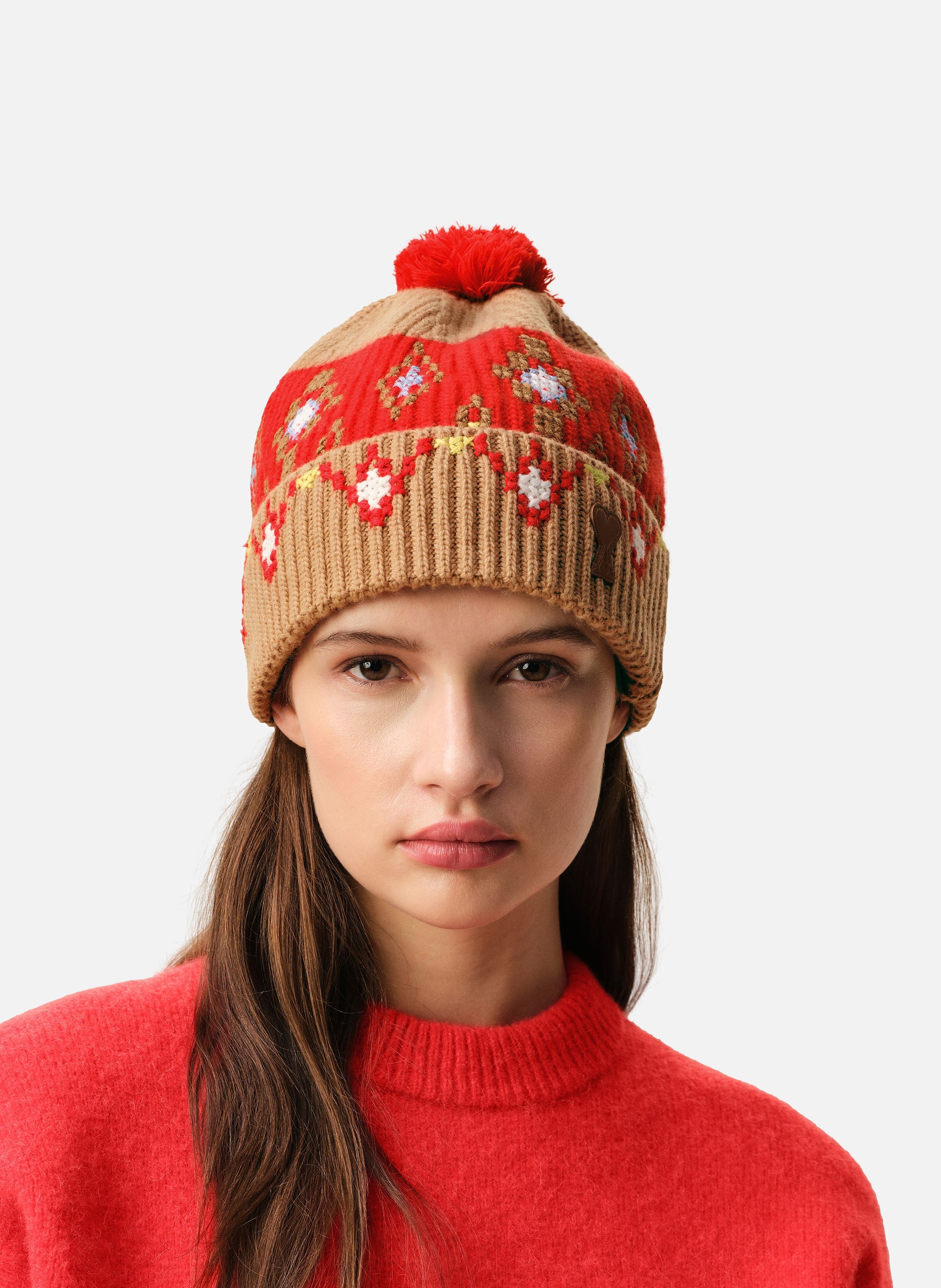 Bonnet point de croix en laine unisexe AMI PARIS Marron