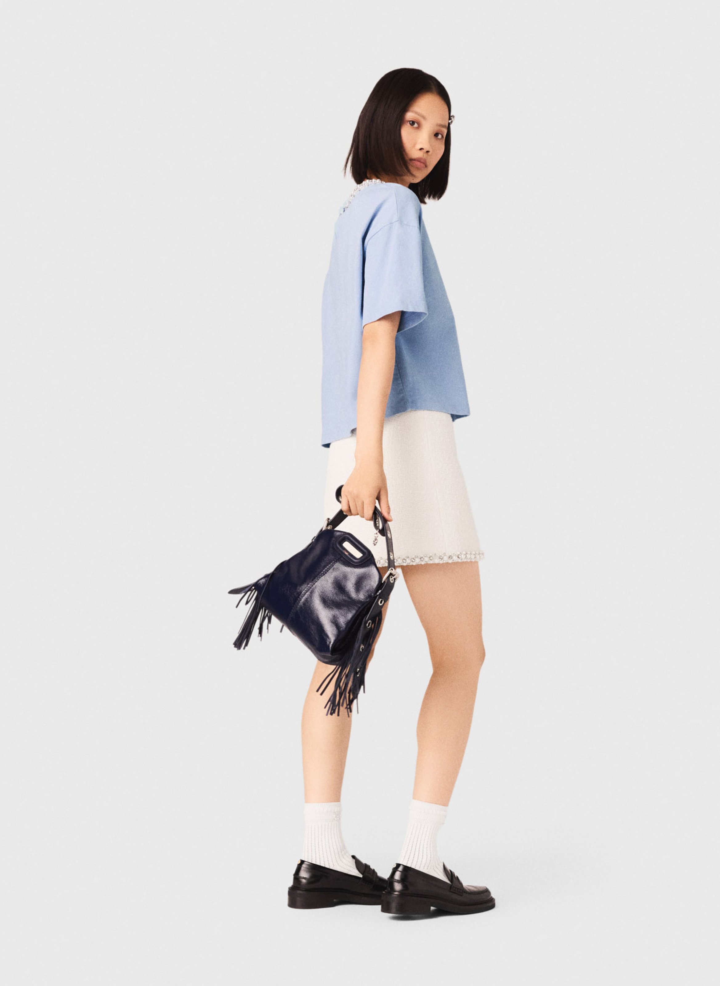 Tee-shirt boxy court à col bijou MAJE Bleu