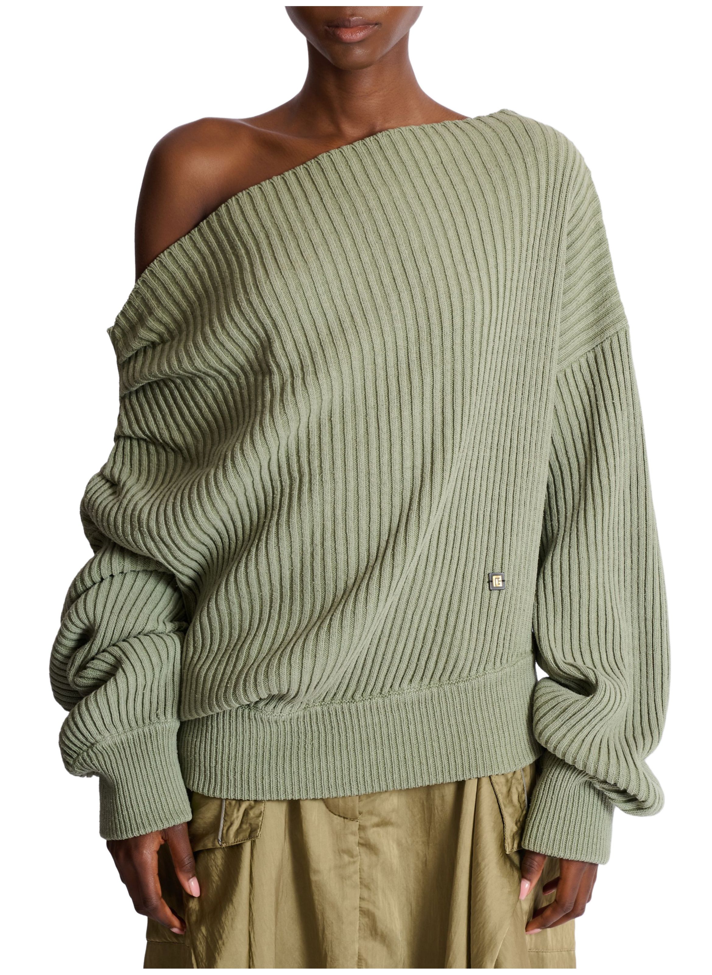 Pull drapé asymétrique en maille de soie côtelée BALMAIN Vert