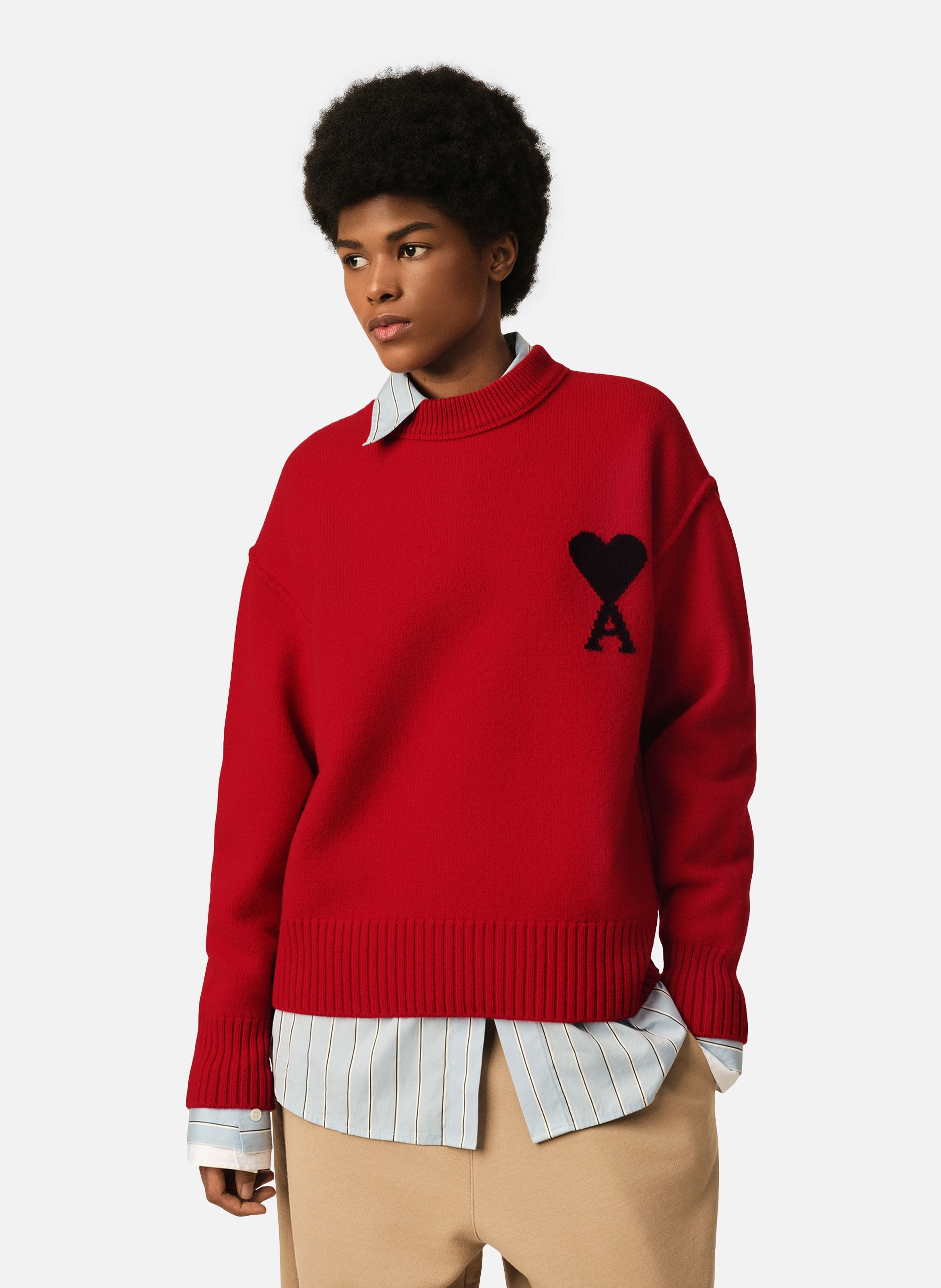 Pull col rond ami de coeur en laine unisexe AMI PARIS Rouge