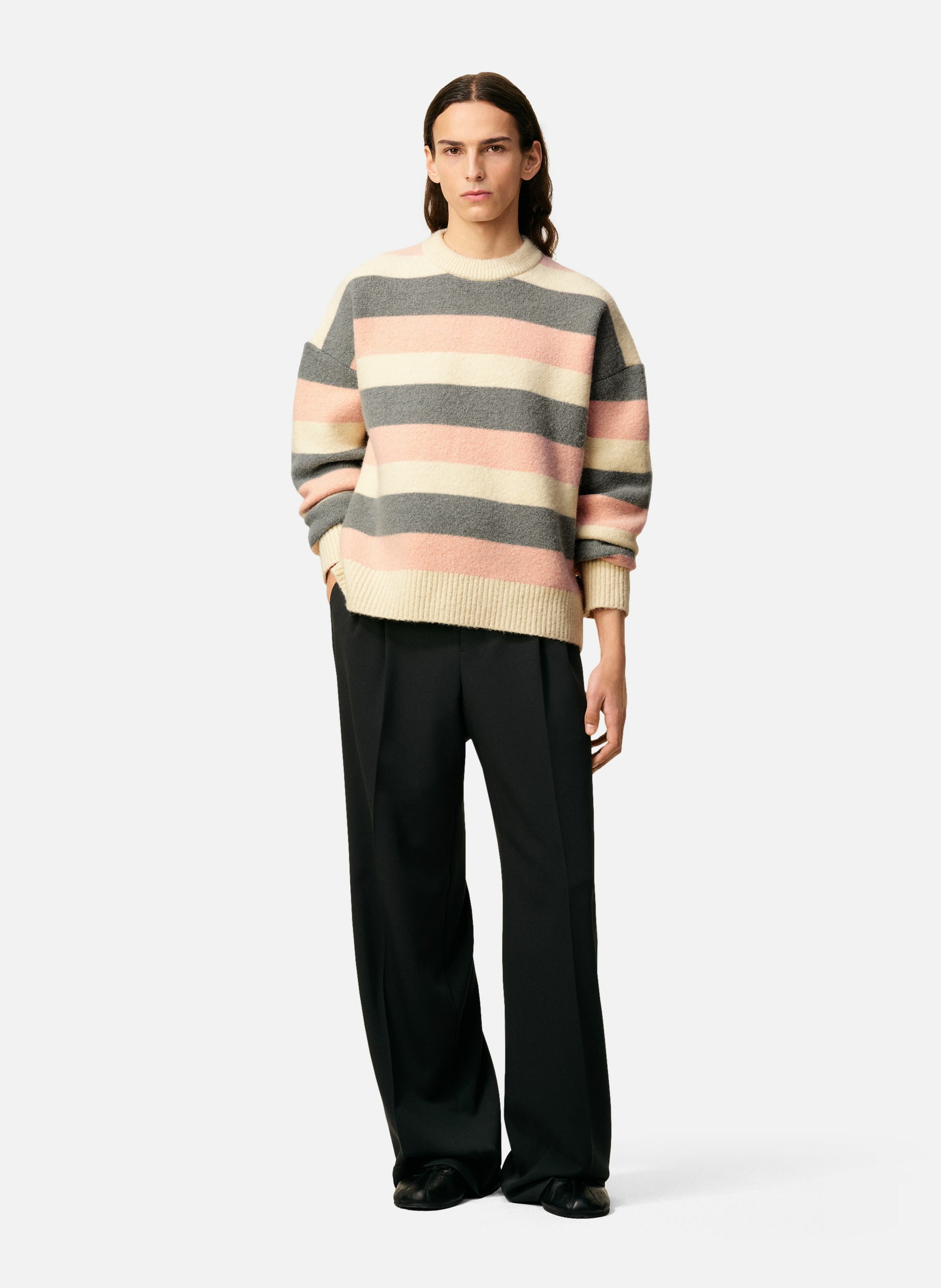 Pull rayé col rond en alpaga unisexe AMI PARIS Gris