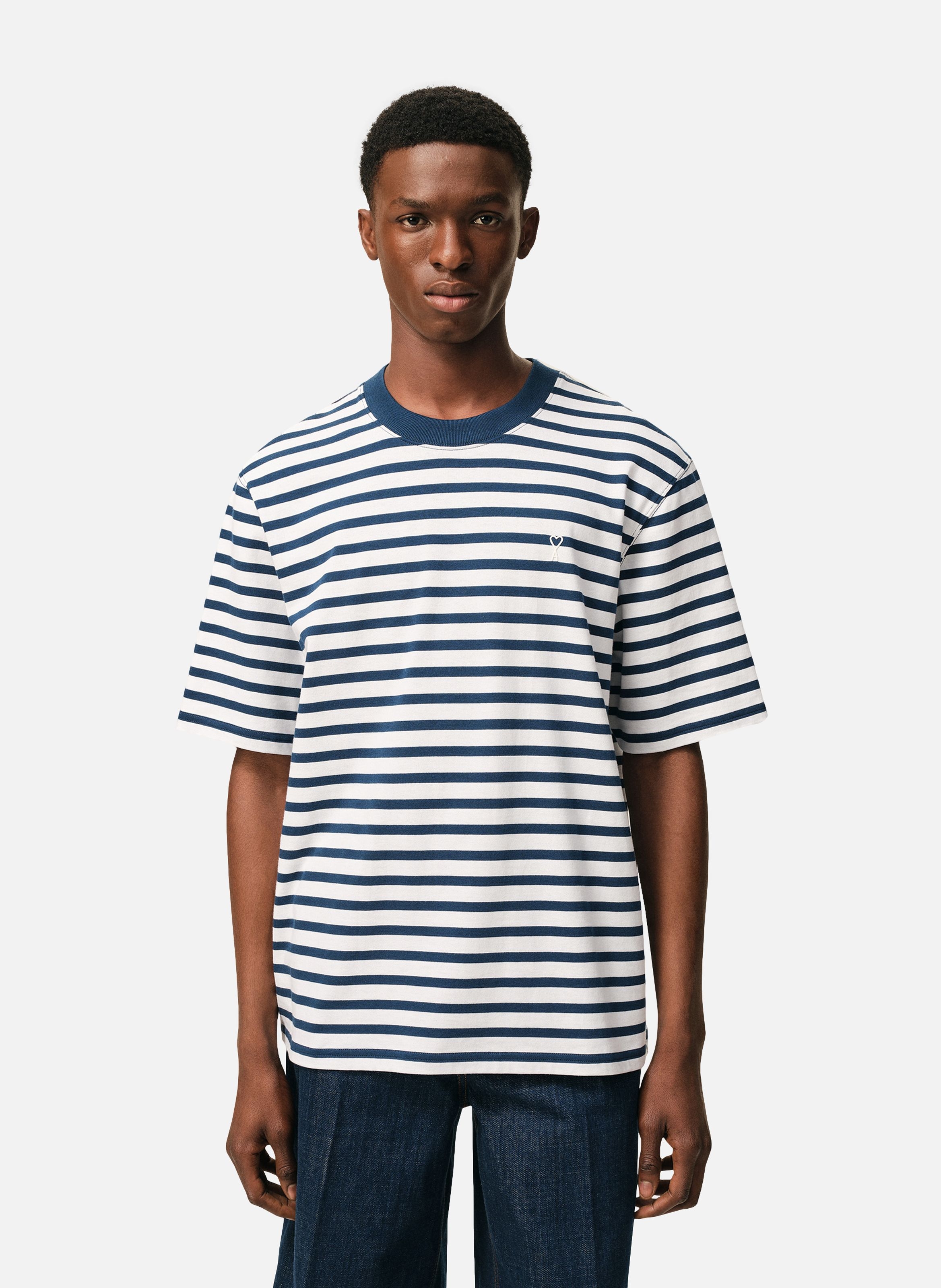 T-shirt marinière coupe boxy ami de cœur unisexe en coton AMI PARIS Bleu