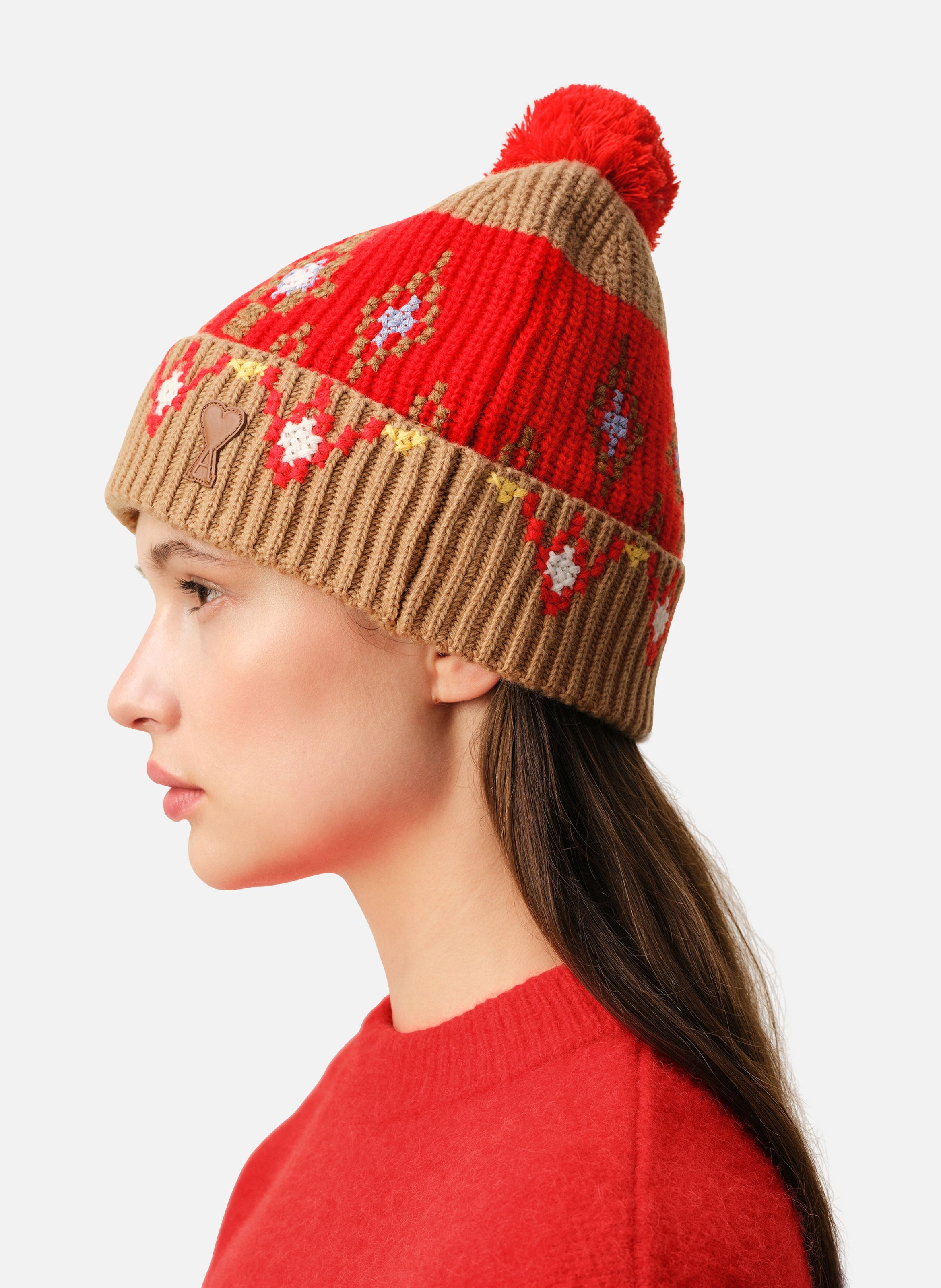 Bonnet point de croix en laine unisexe AMI PARIS Marron
