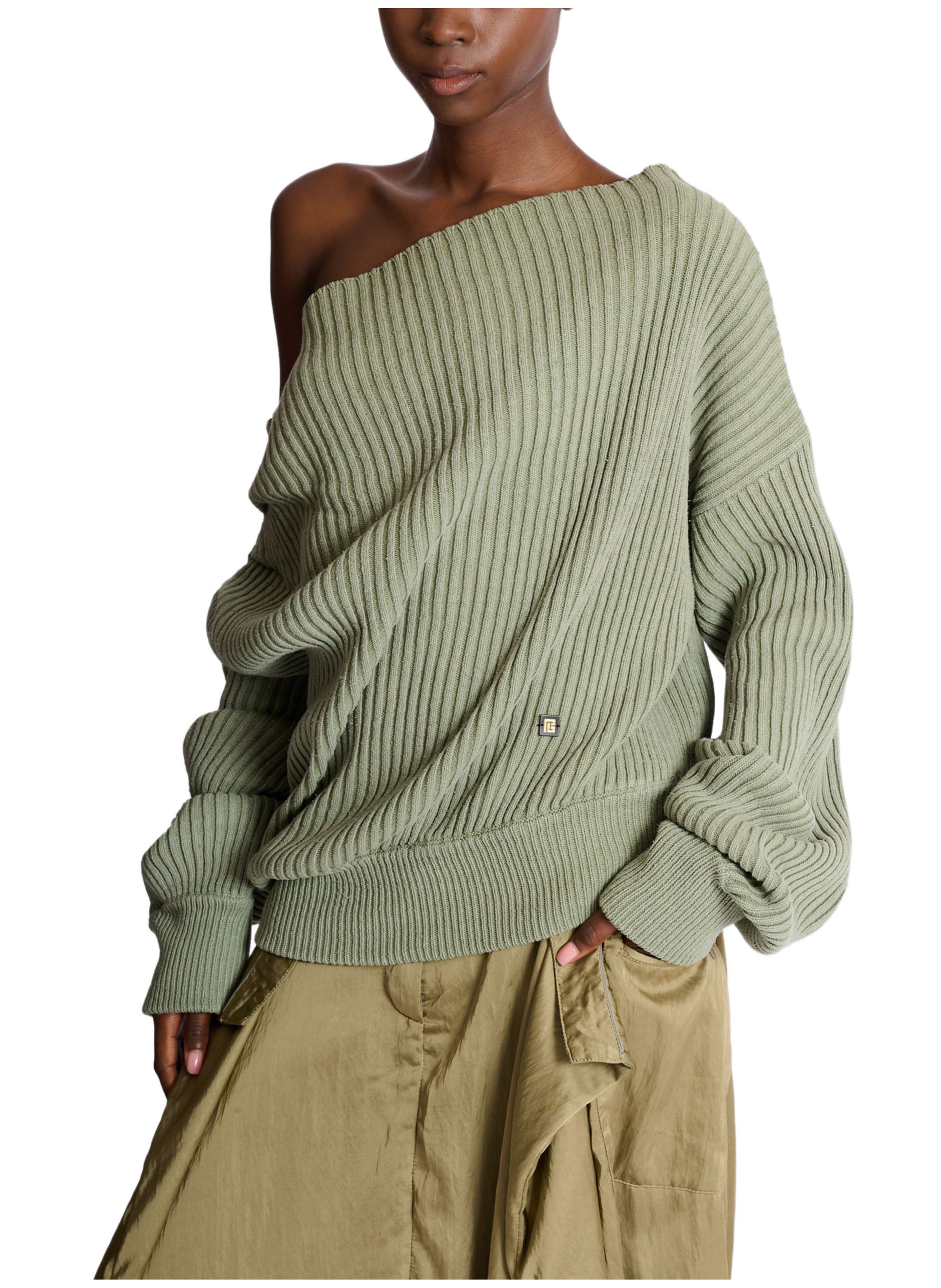 Pull drapé asymétrique en maille de soie côtelée BALMAIN Vert