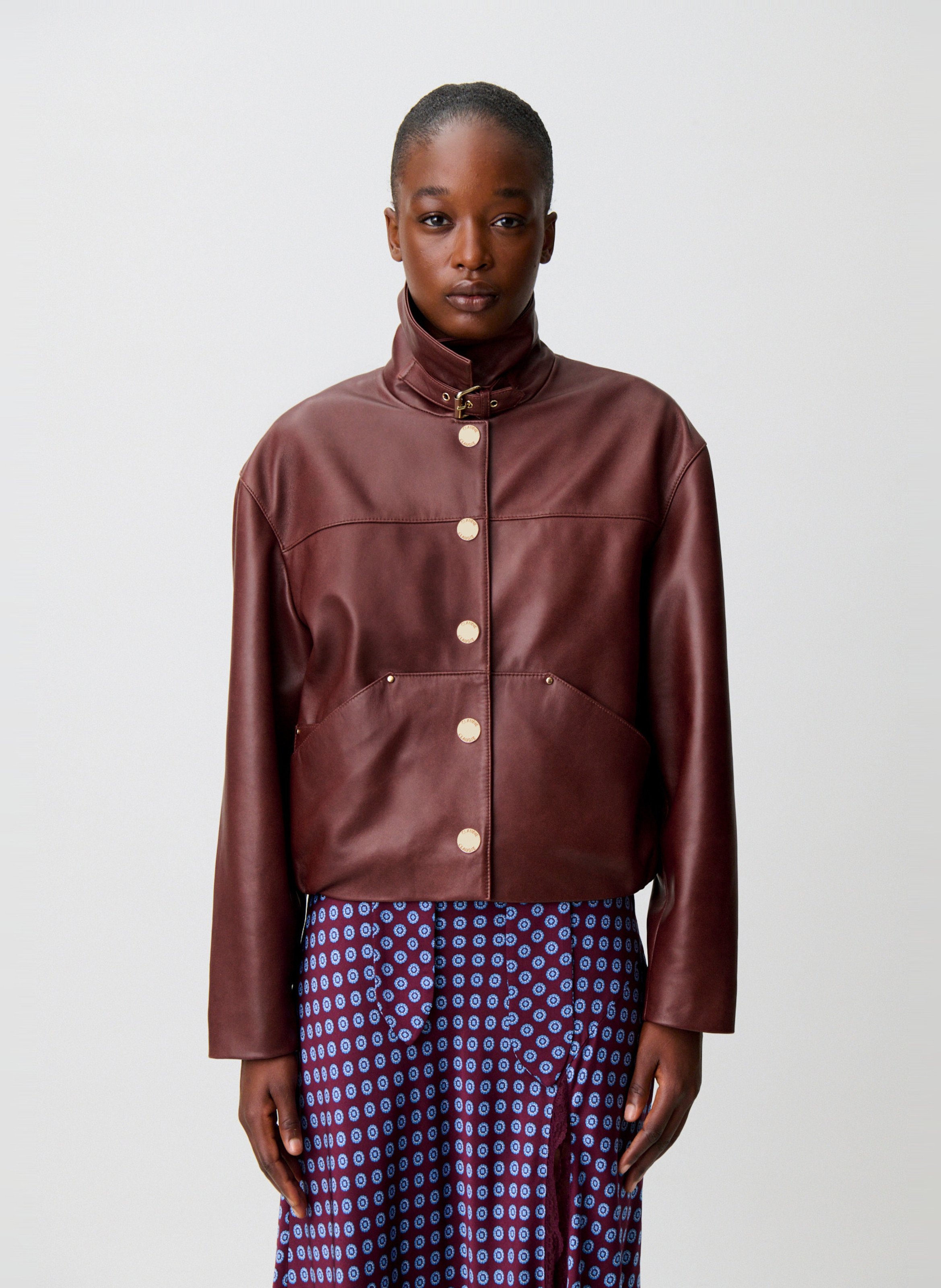 Blouson en cuir col classique CLAUDIE PIERLOT Marron