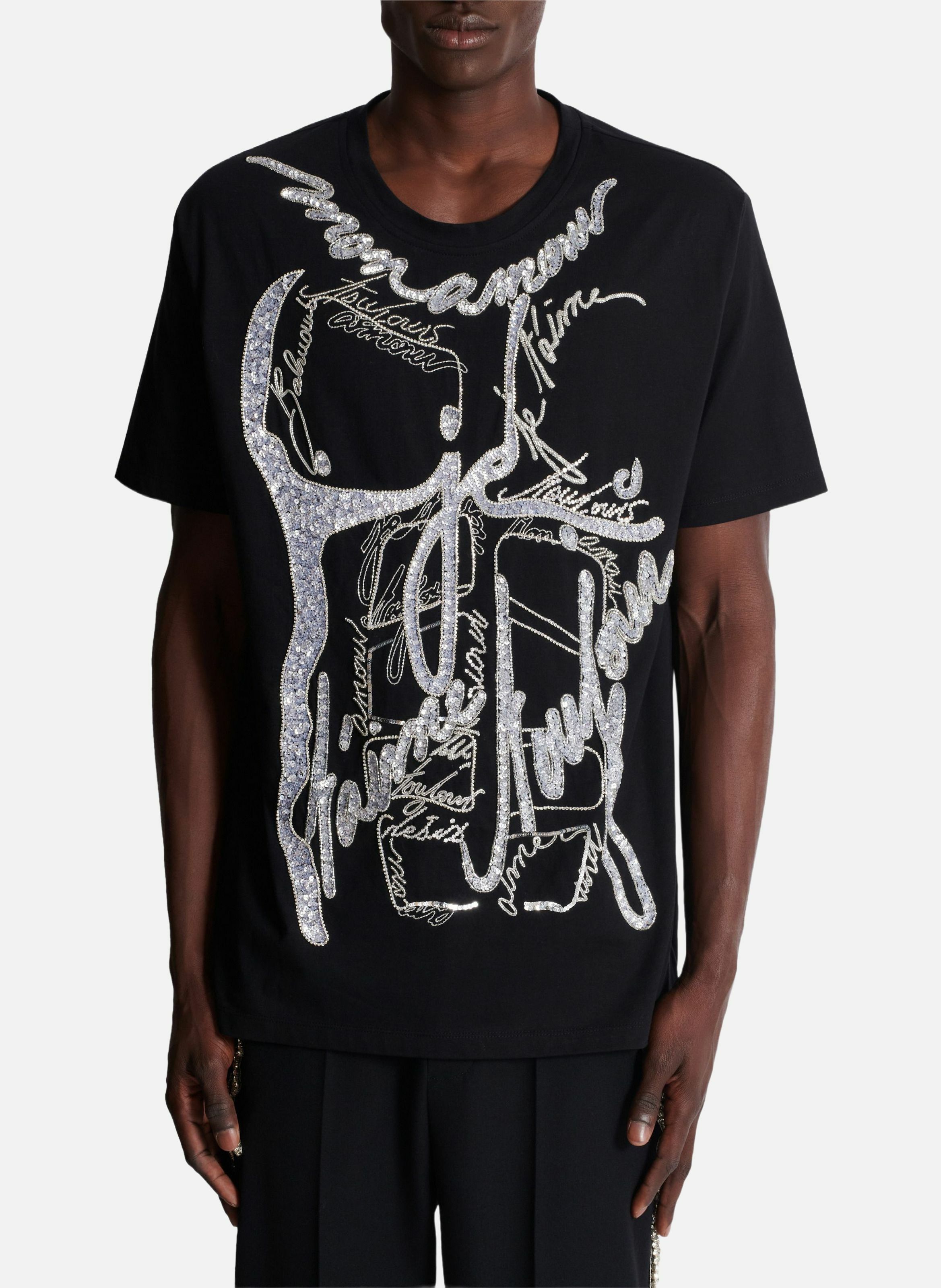 T-shirt brodé corps et « lettre d'amour » BALMAIN Noir