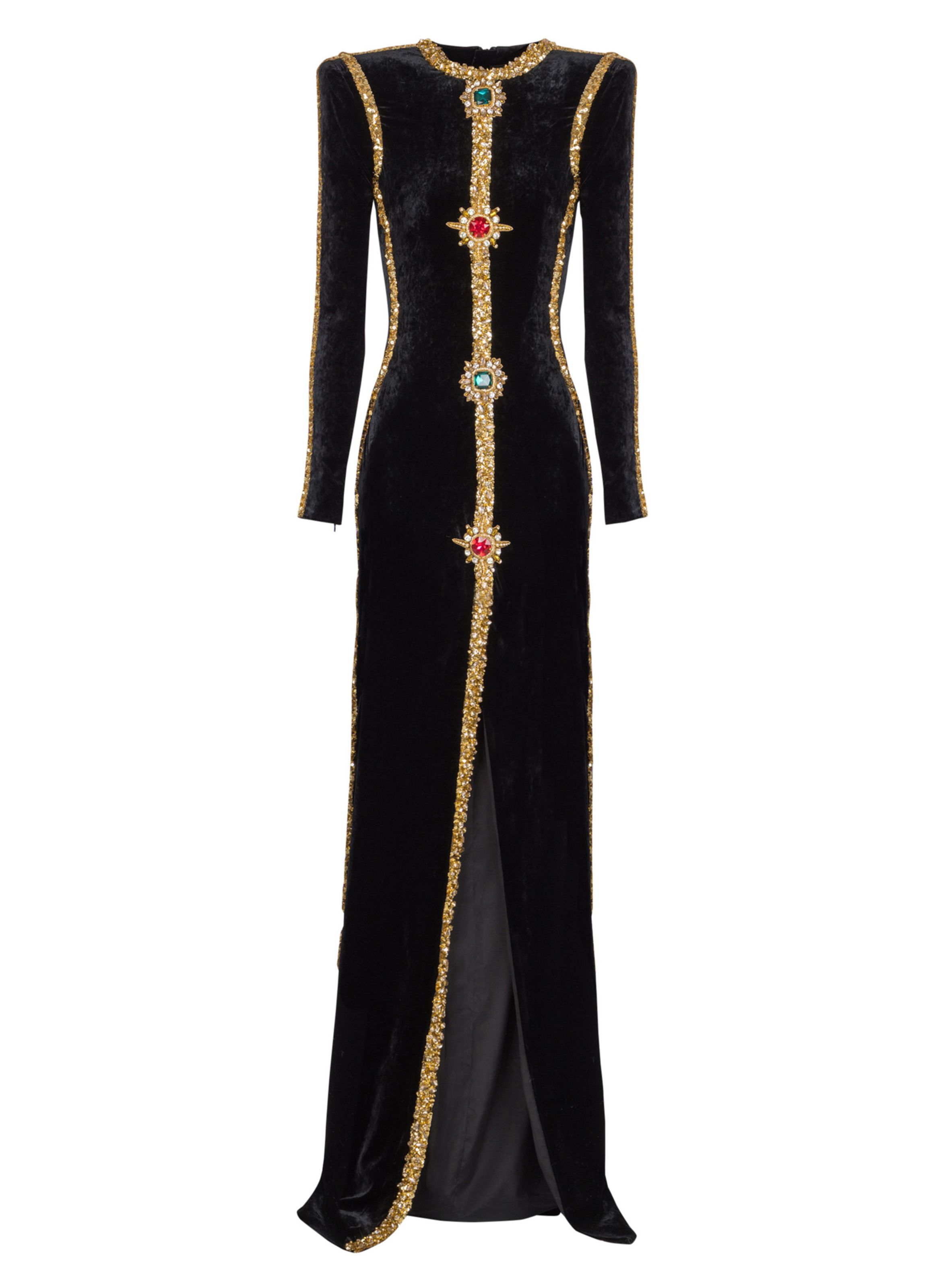 Robe longue en velours avec broderies BALMAIN Noir