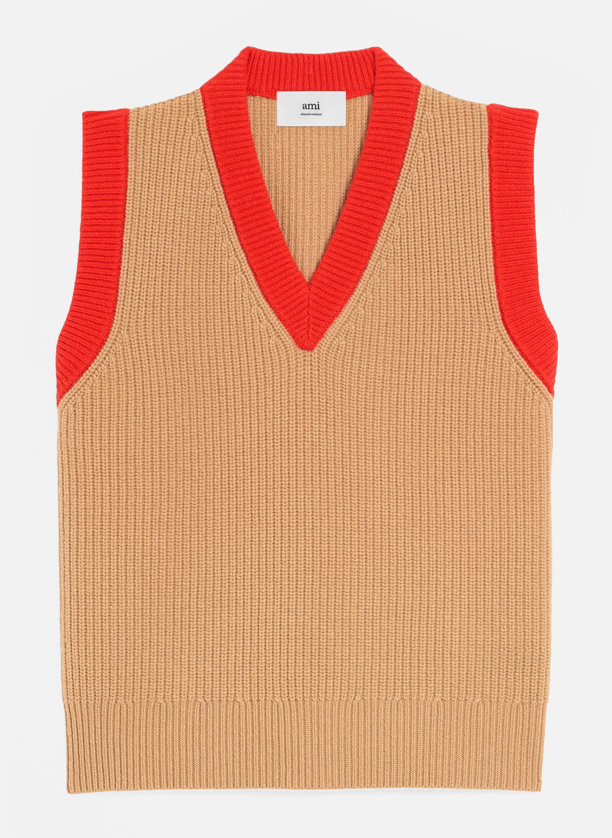 Pull col v sans manches en laine unisexe AMI PARIS Marron