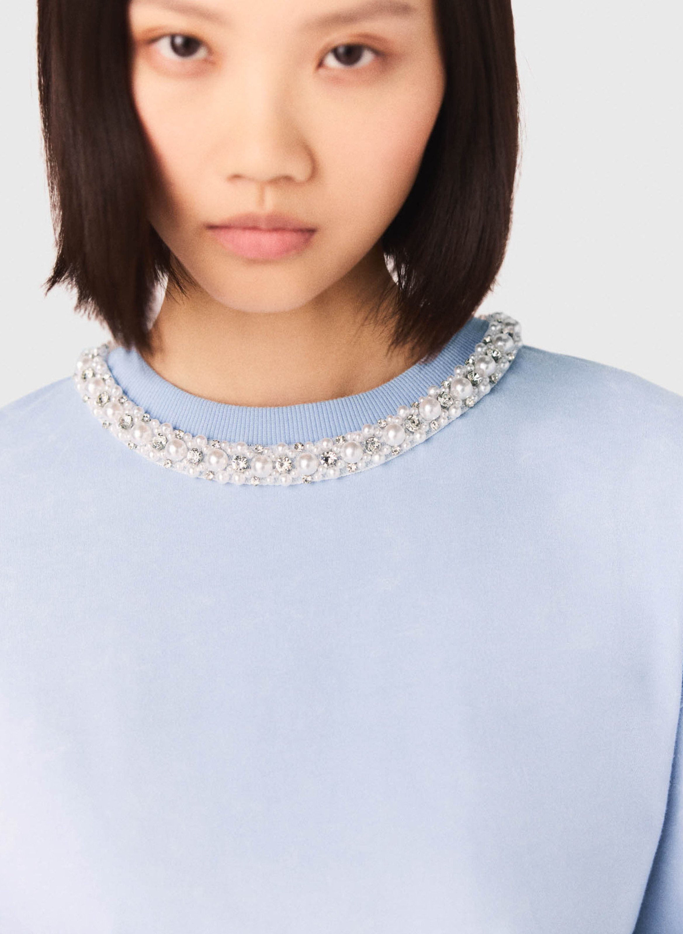 Tee-shirt boxy court à col bijou MAJE Bleu