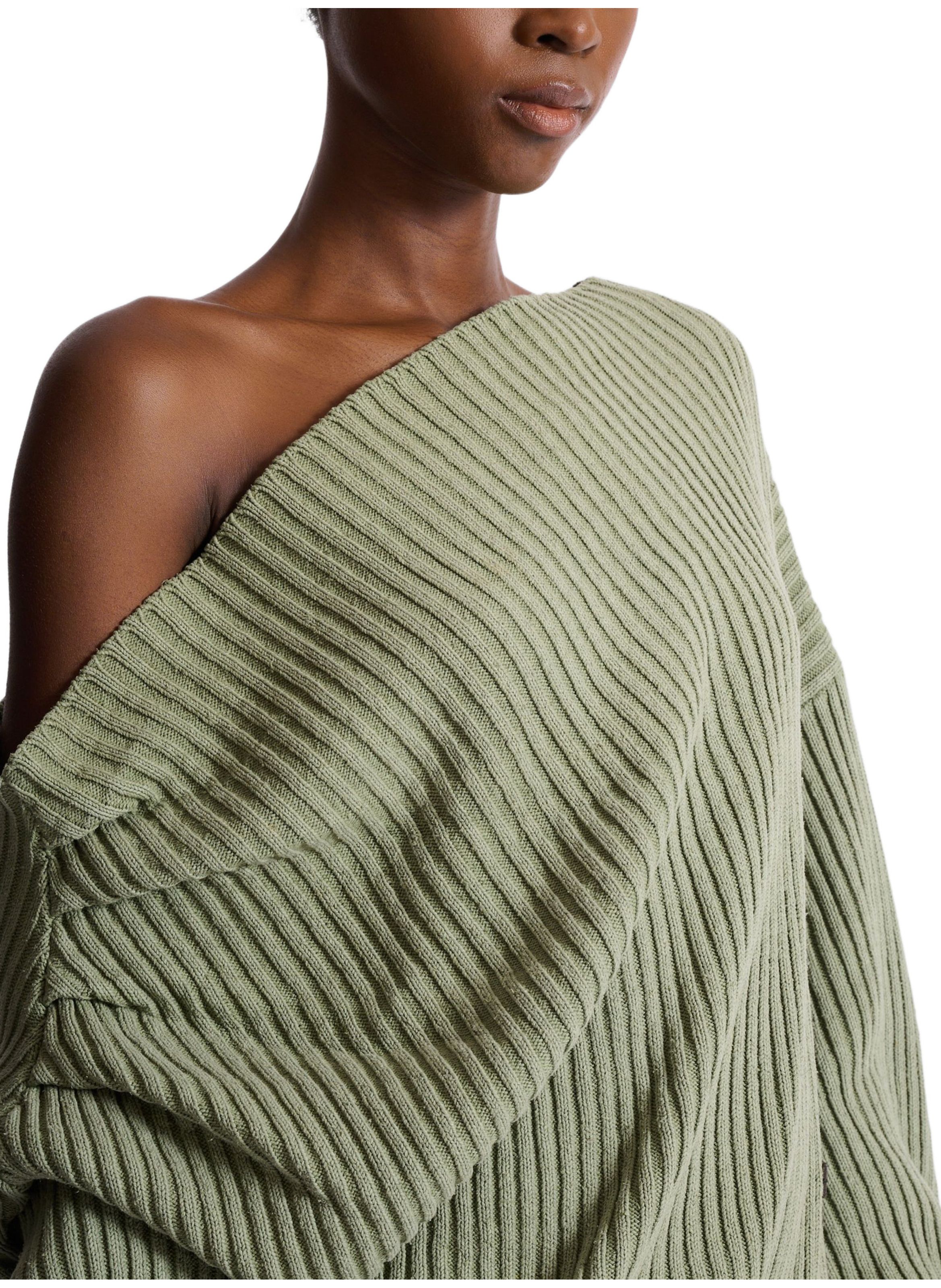Pull drapé asymétrique en maille de soie côtelée BALMAIN Vert