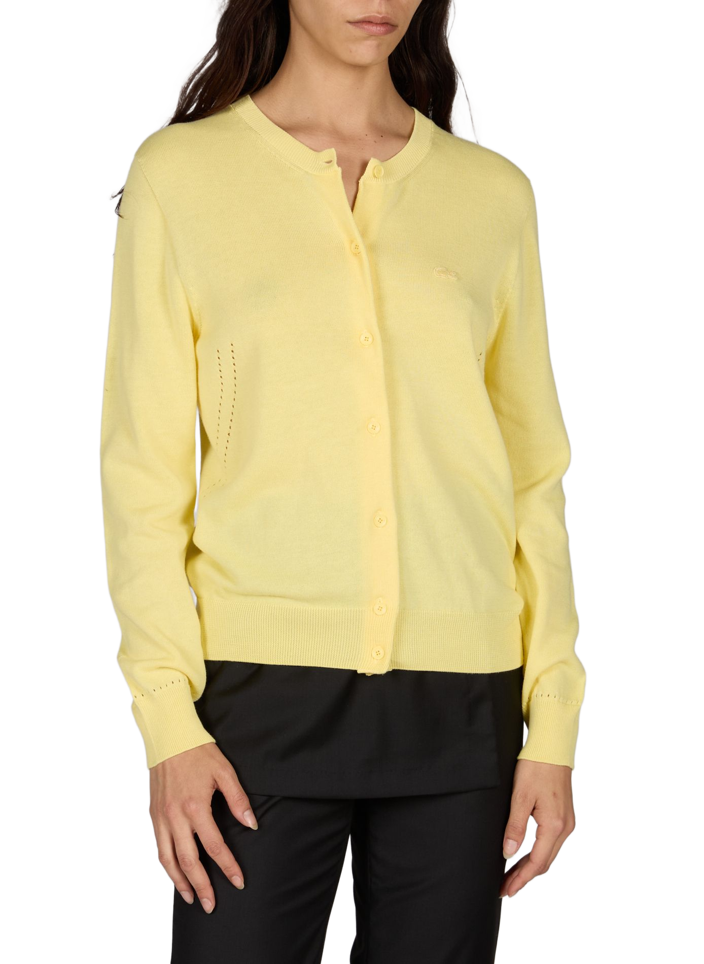 Cardigan à col rond et logo brodé en coton LACOSTE Jaune