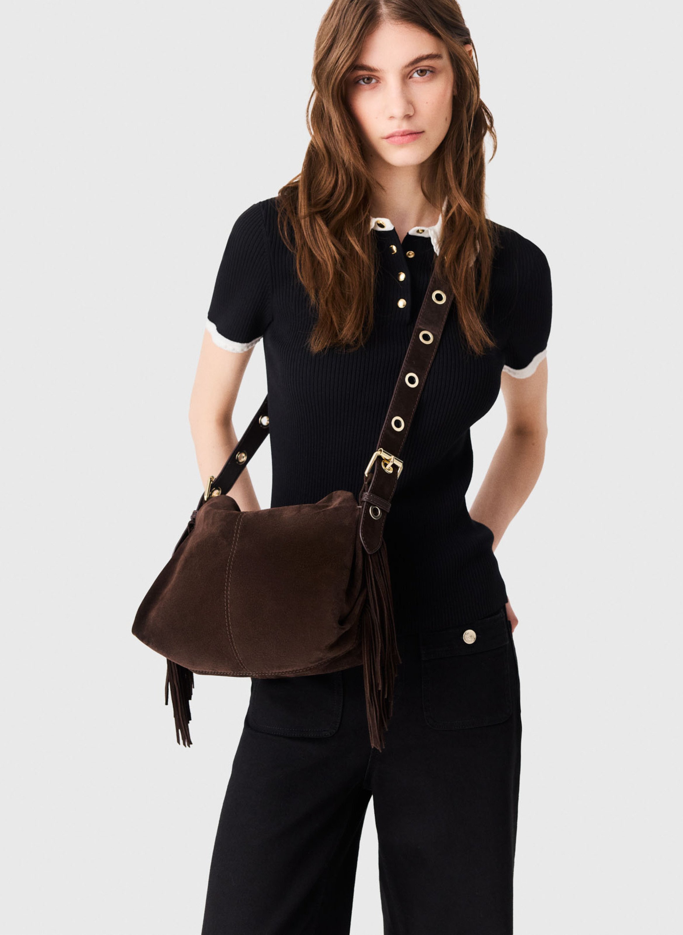 Sac bandoulière en cuir MAJE Marron
