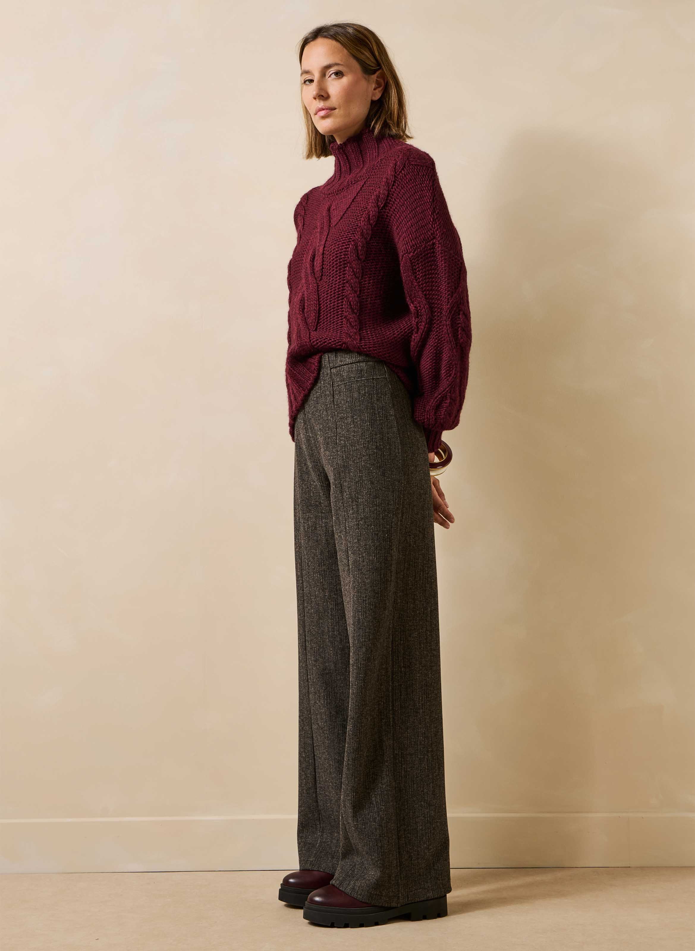 Rechte broek met wijde pijpen en fluweellook LA FEE MARABOUTEE Bruin