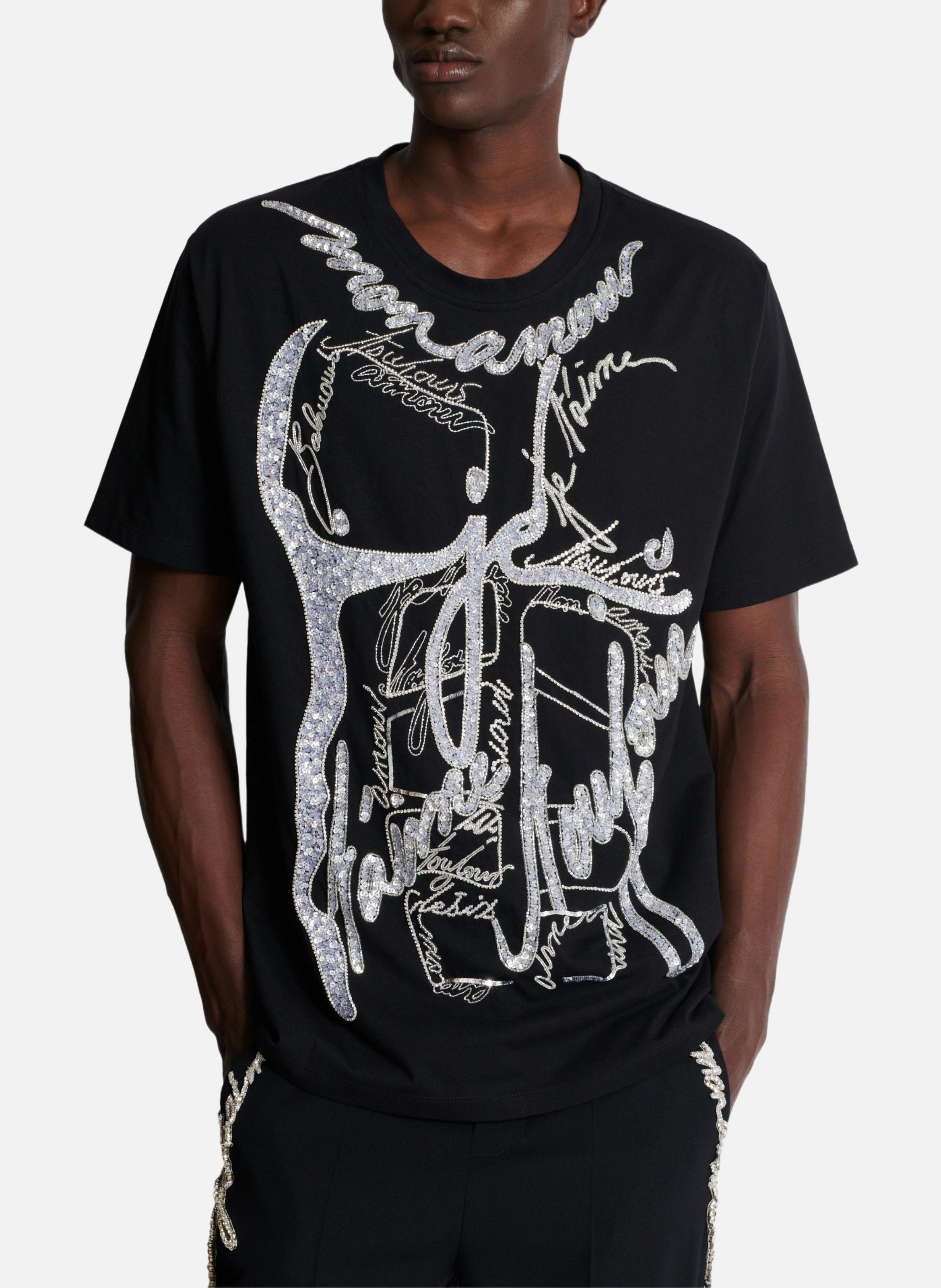 T-shirt brodé corps et « lettre d'amour » BALMAIN Noir