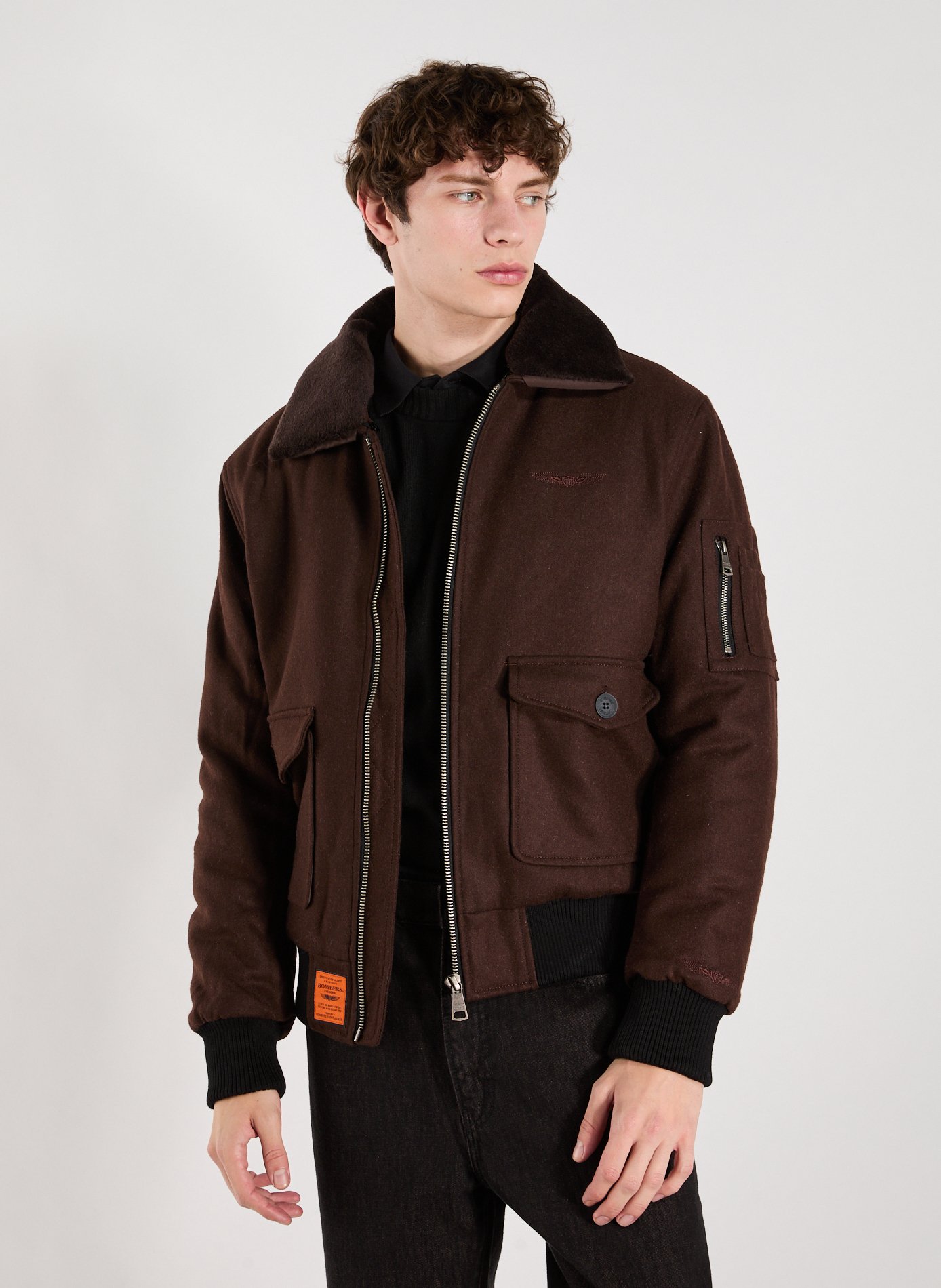 BOMBERS ORIGINAL Veste ample à col contrasté en laine mélangée Marron