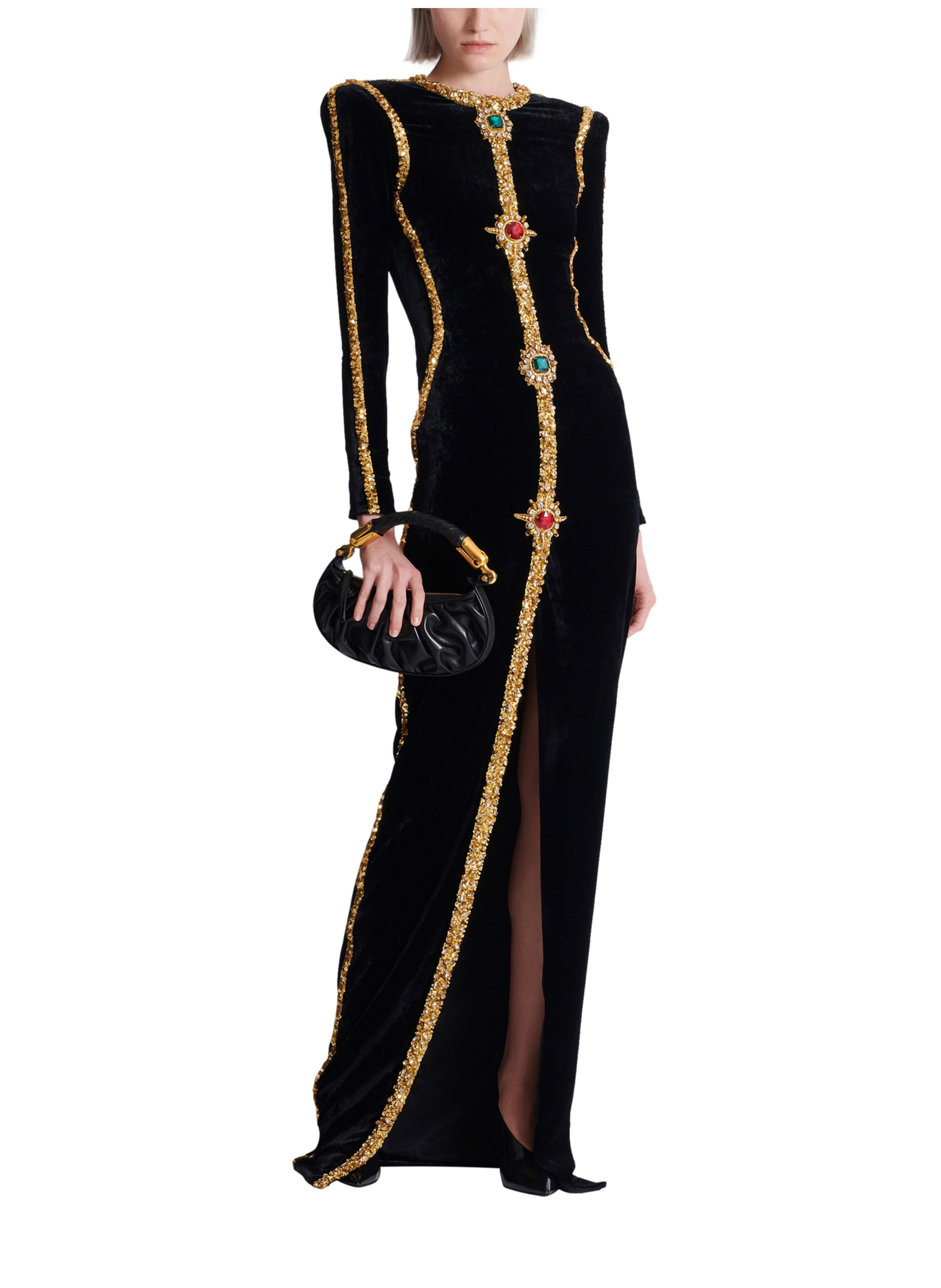 Robe longue en velours avec broderies BALMAIN Noir
