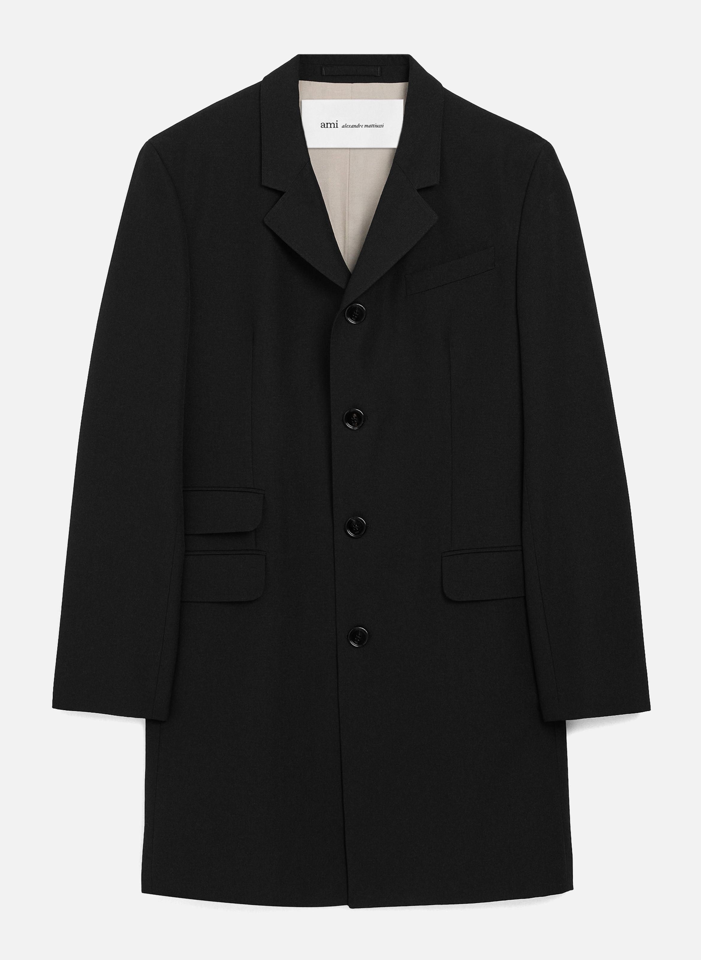 Manteau droit simple boutonnage en laine vierge AMI PARIS Noir