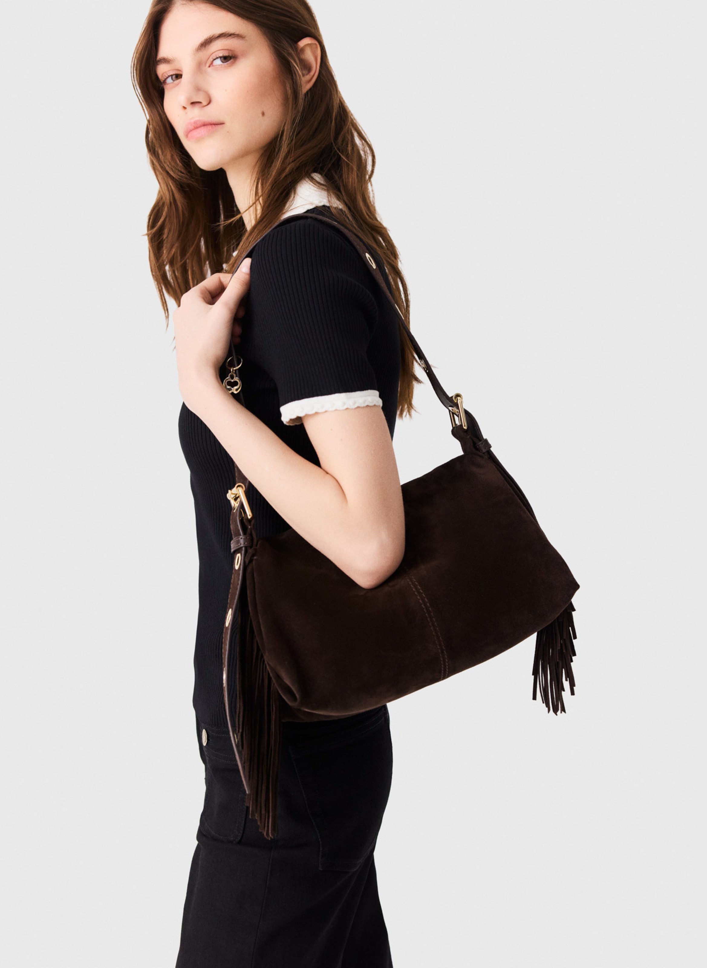 Sac bandoulière en cuir MAJE Marron