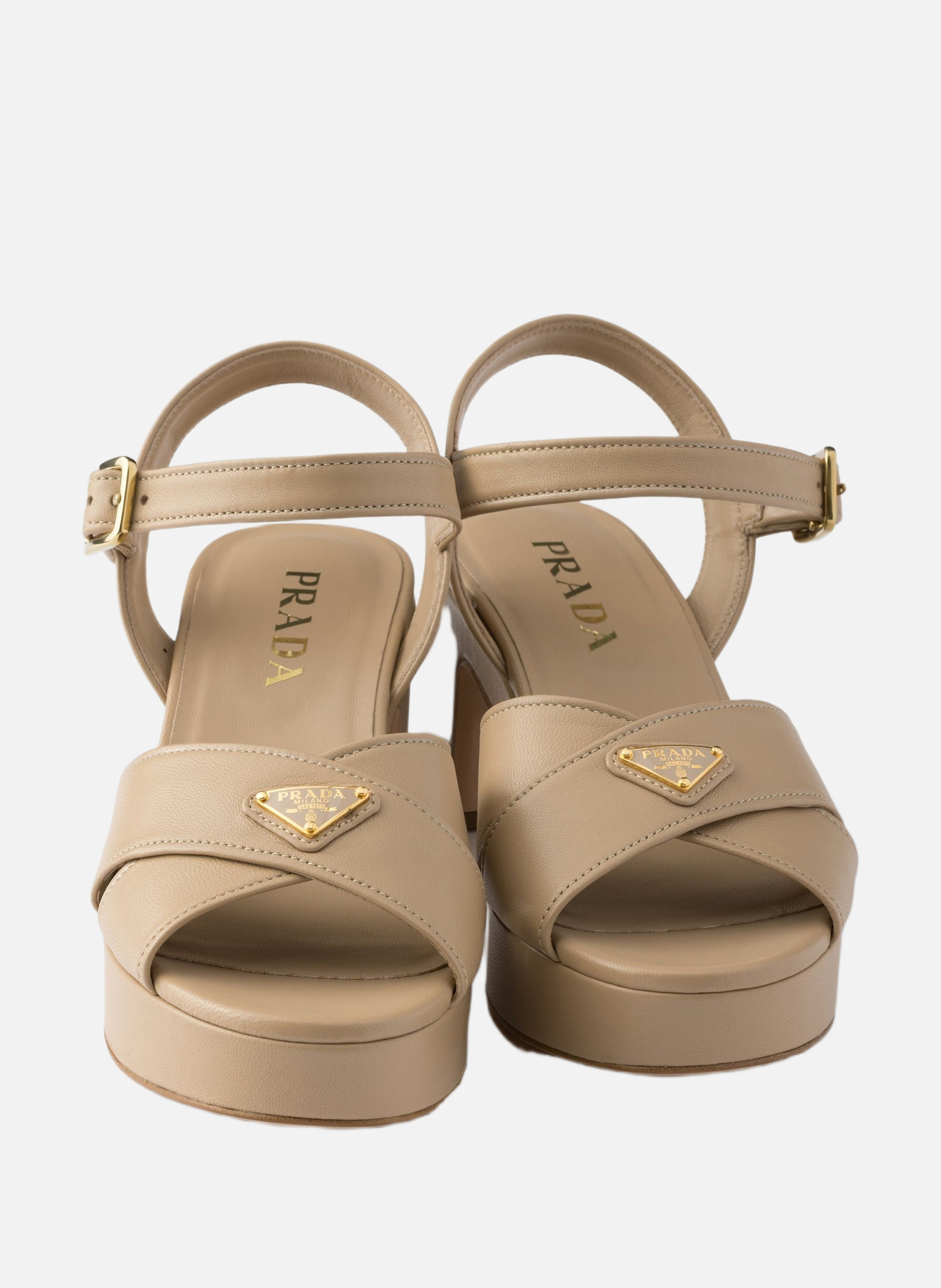 Sandales compensées en cuir nappa PRADA Beige
