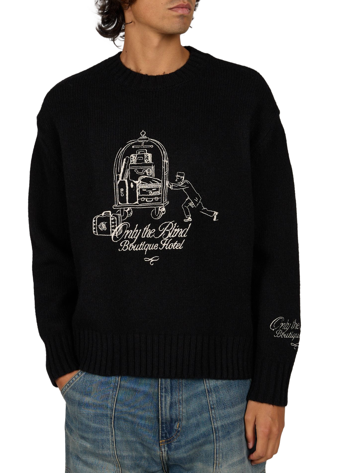 Round neck sweater with embroidery details ONLY THE BLIND Black