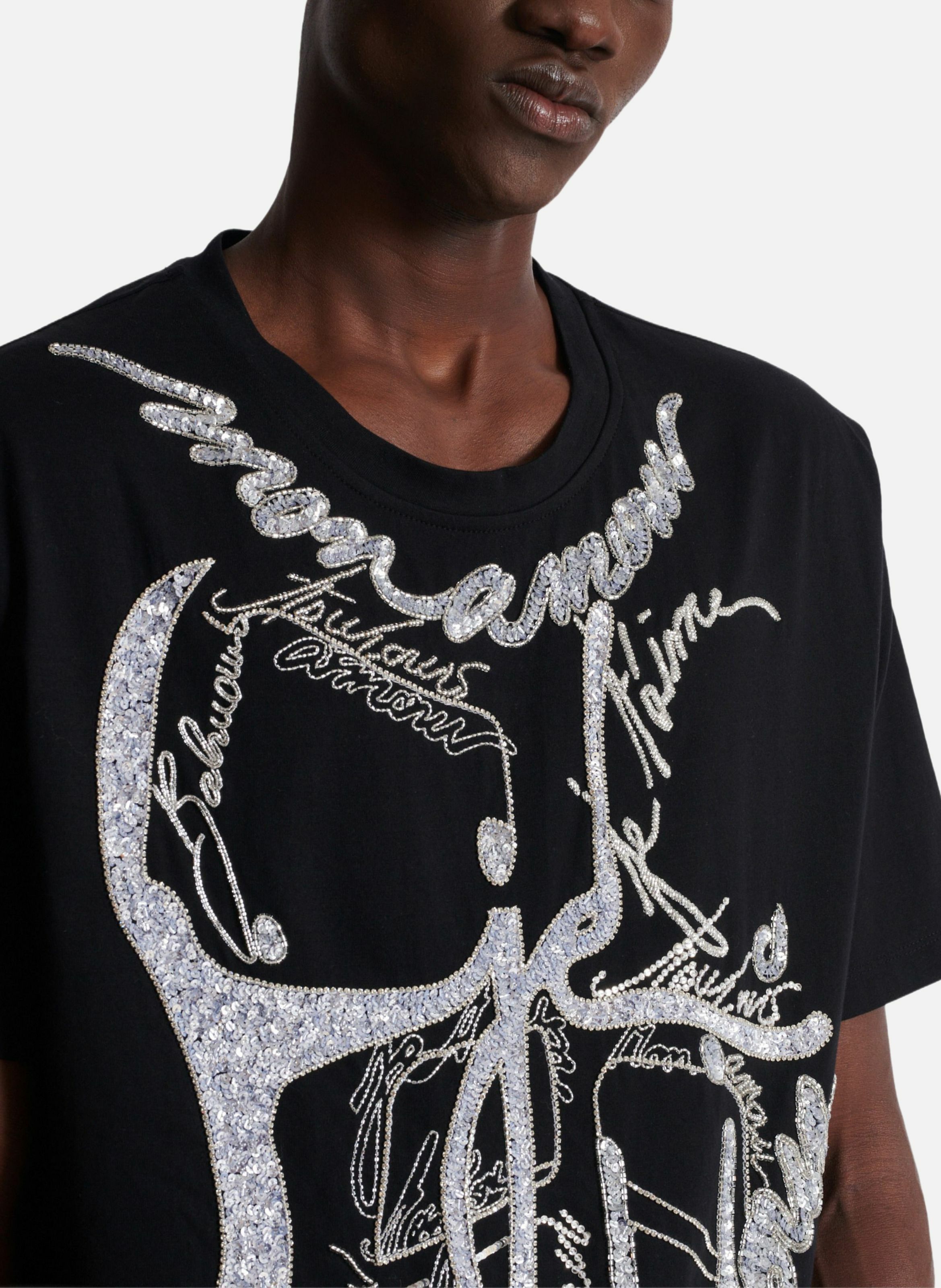 T-shirt brodé corps et « lettre d'amour » BALMAIN Noir