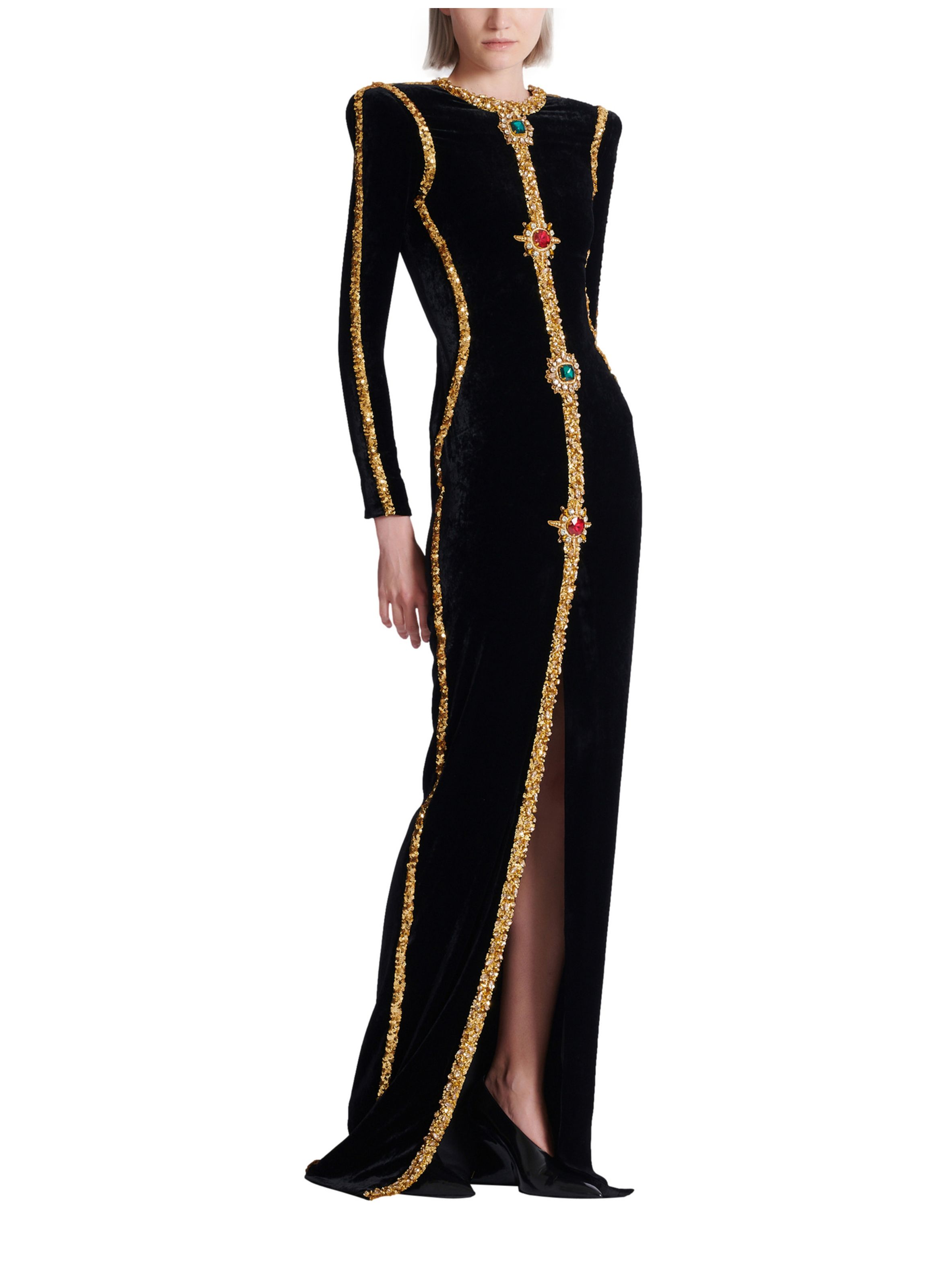 Robe longue en velours avec broderies BALMAIN Noir