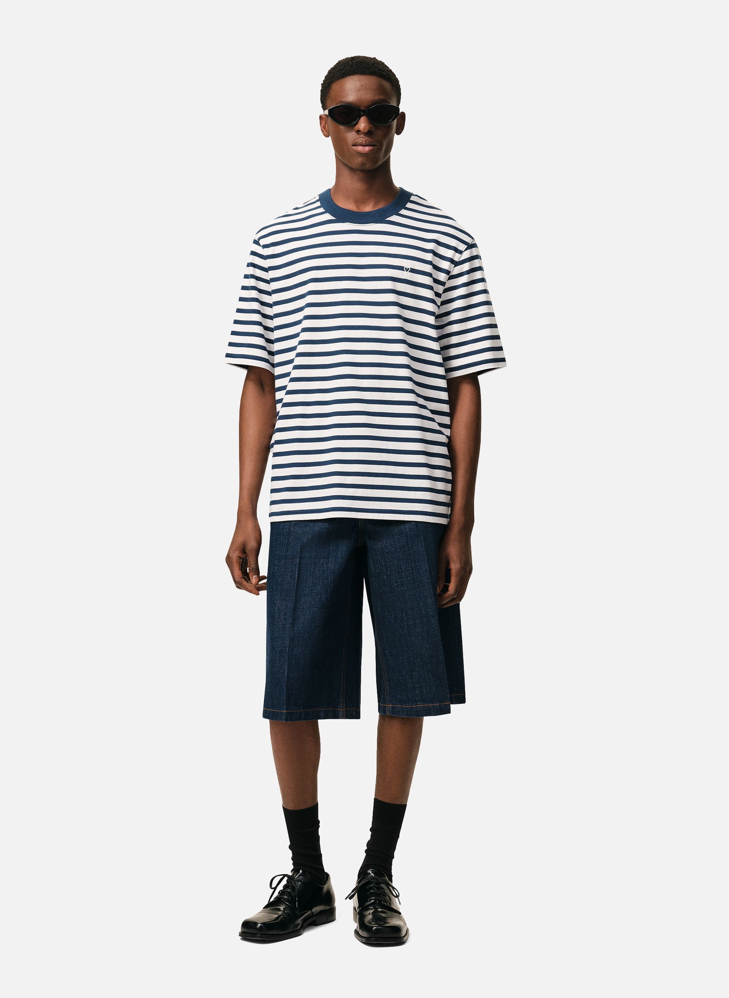 T-shirt marinière coupe boxy ami de cœur unisexe en coton AMI PARIS Bleu