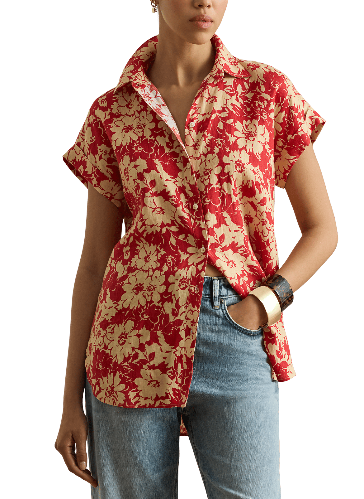 Short-sleeved linen shirt with flowers LAUREN Red