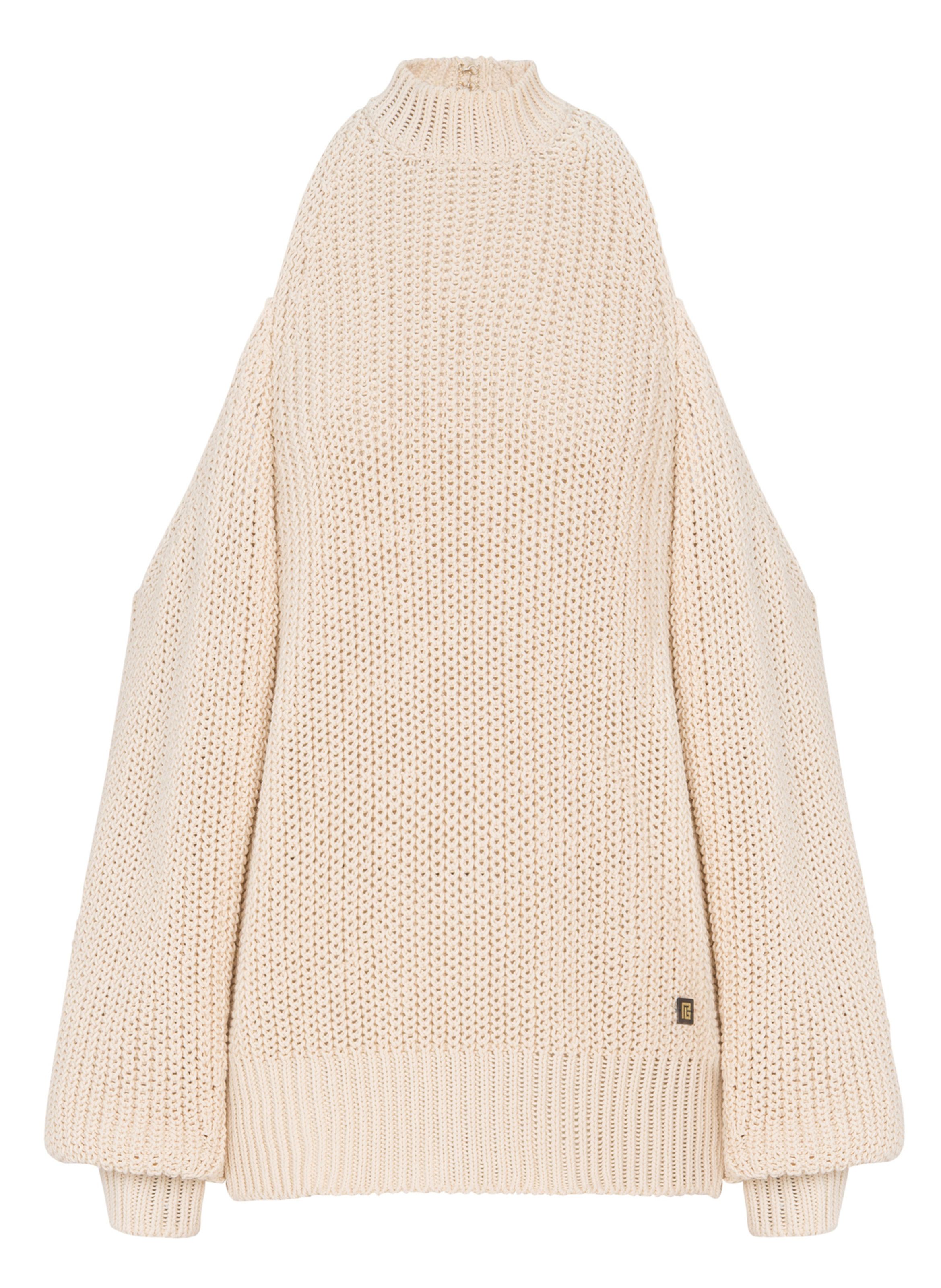 Pull à épaules dénudées en maille de coton BALMAIN Beige