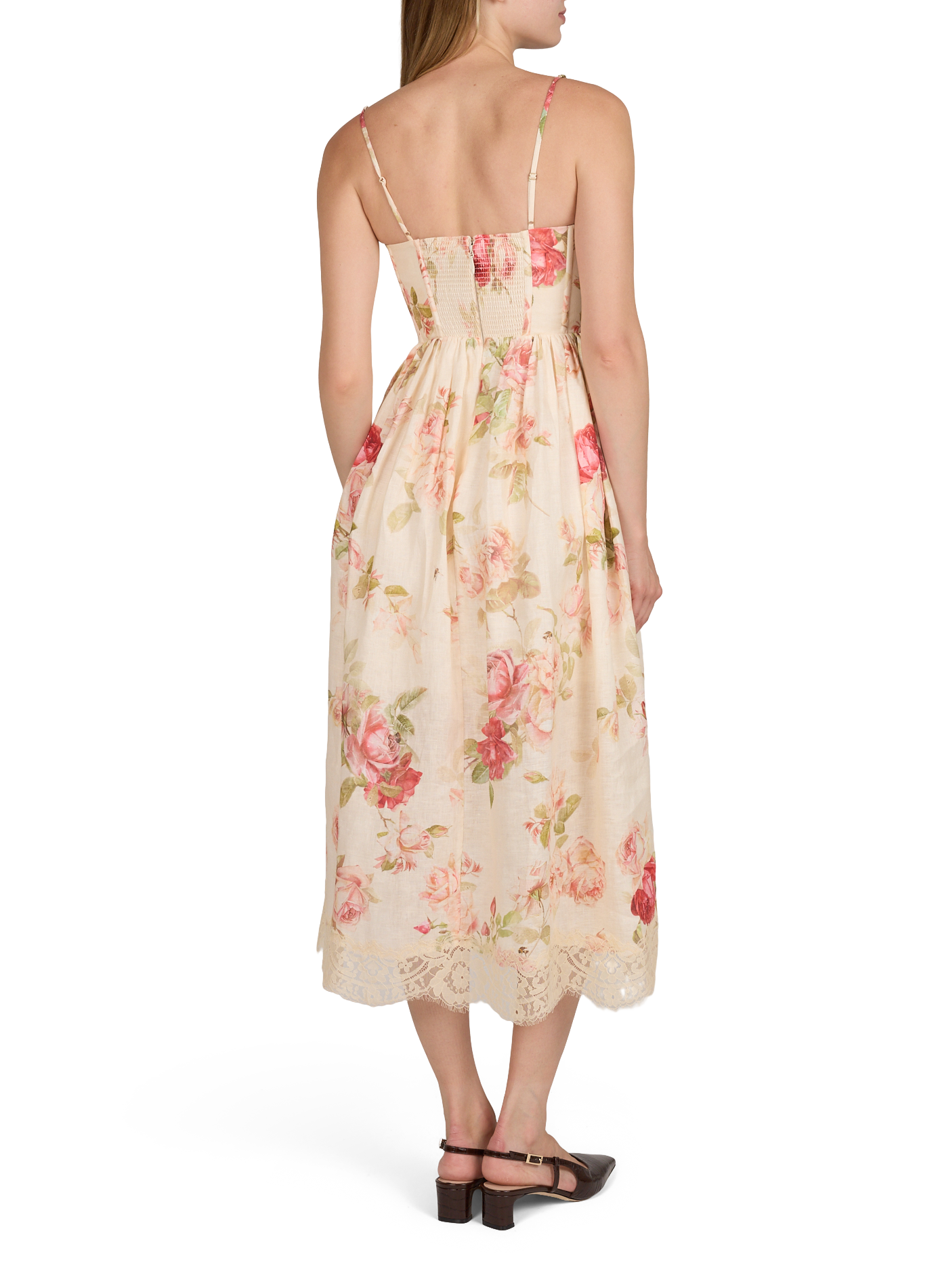 Midi-Kleid aus Leinen mit Blumendruck und Spitzenborte ZIMMERMANN Rosa