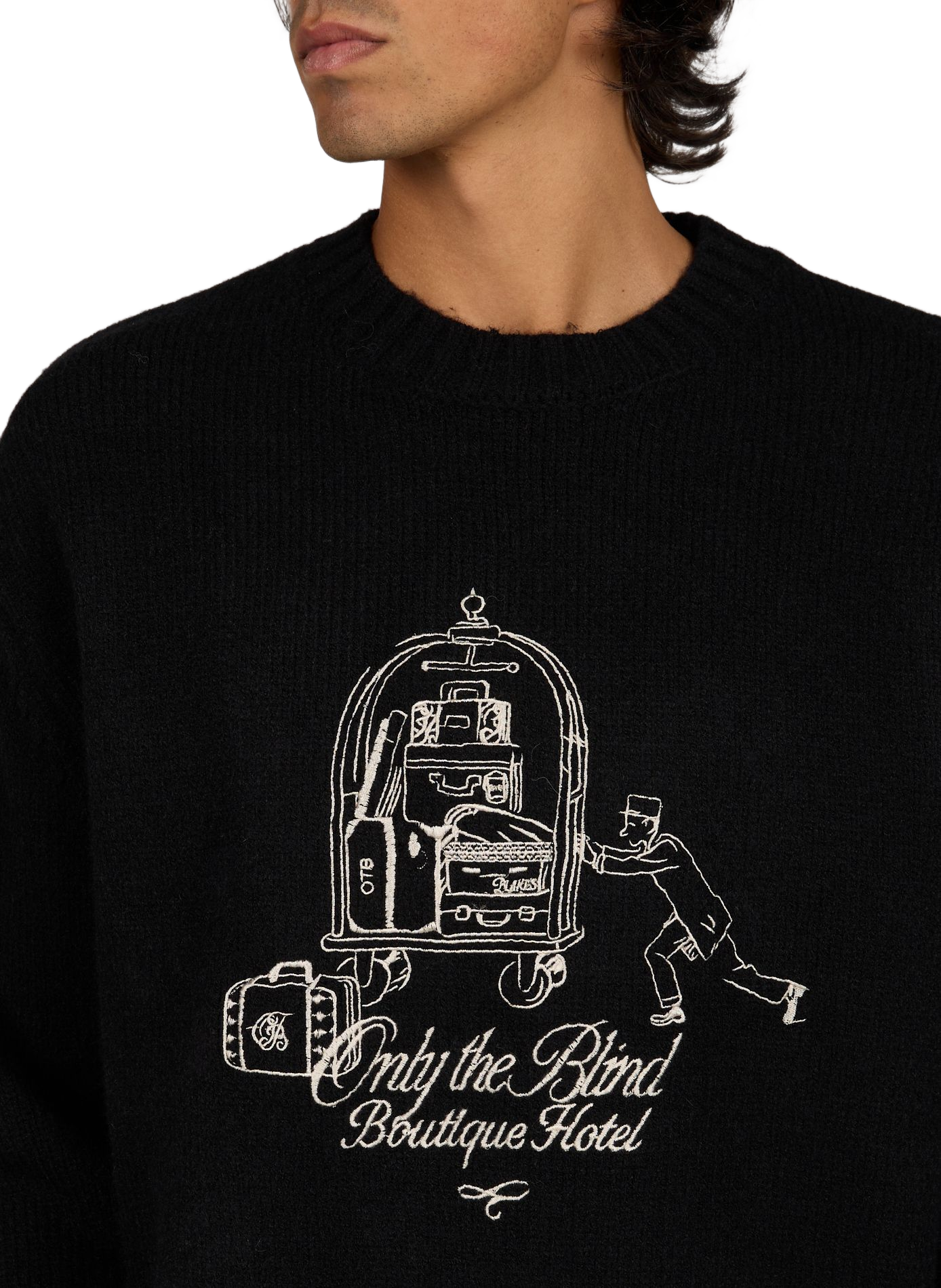 Round neck sweater with embroidery details ONLY THE BLIND Black