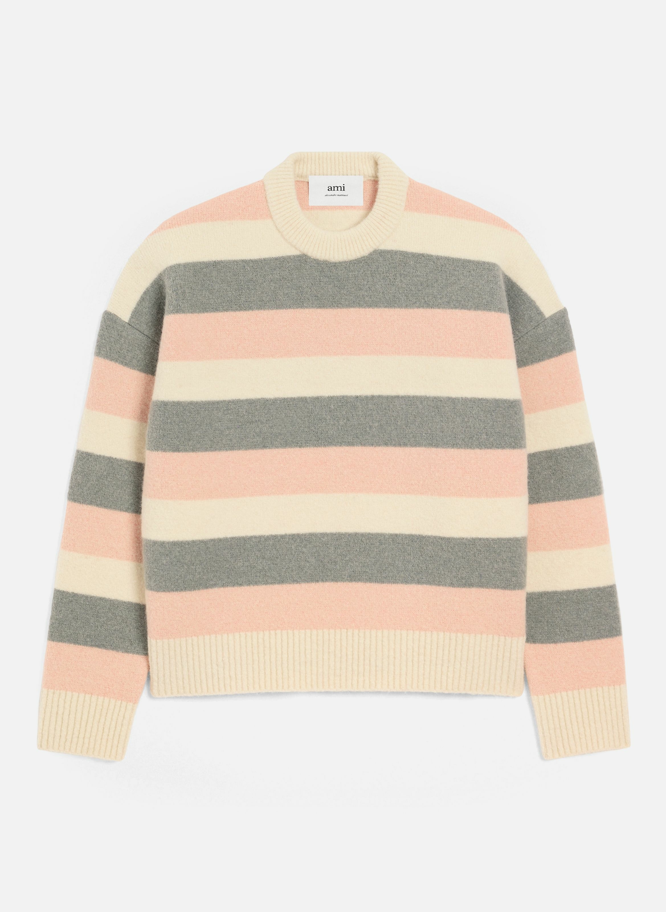 Pull rayé col rond en alpaga unisexe AMI PARIS Gris