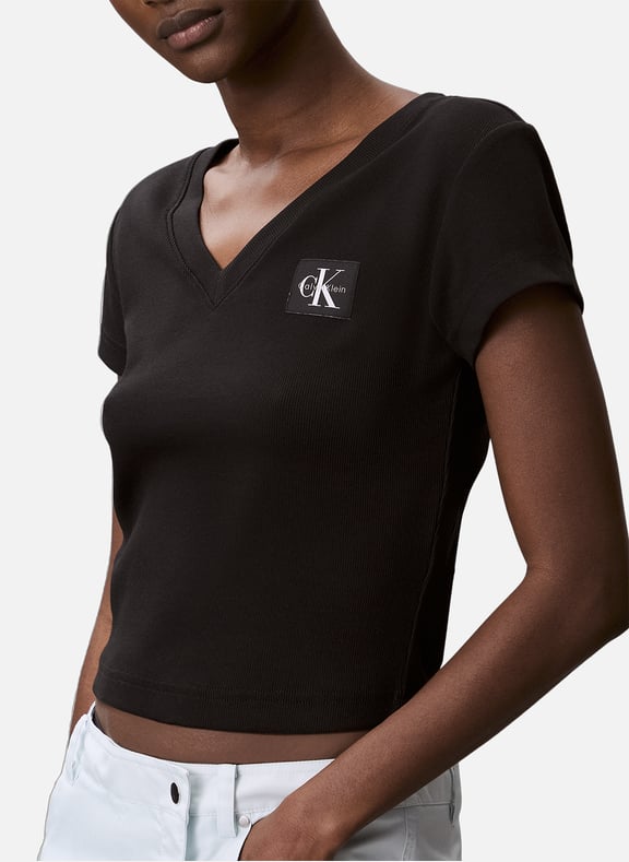 Ribbed cotton V-neck T-shirt Black by CALVIN KLEIN CALVIN KLEIN Ribbed cotton V-neck T-shirt Black