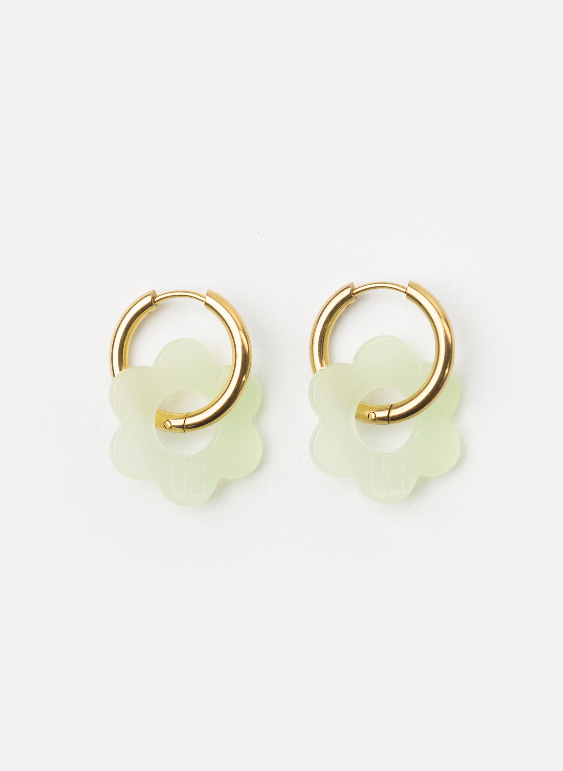 Boucles d'oreilles maxi fleurette avec anneaux en acier inoxydable doré  Vert amande