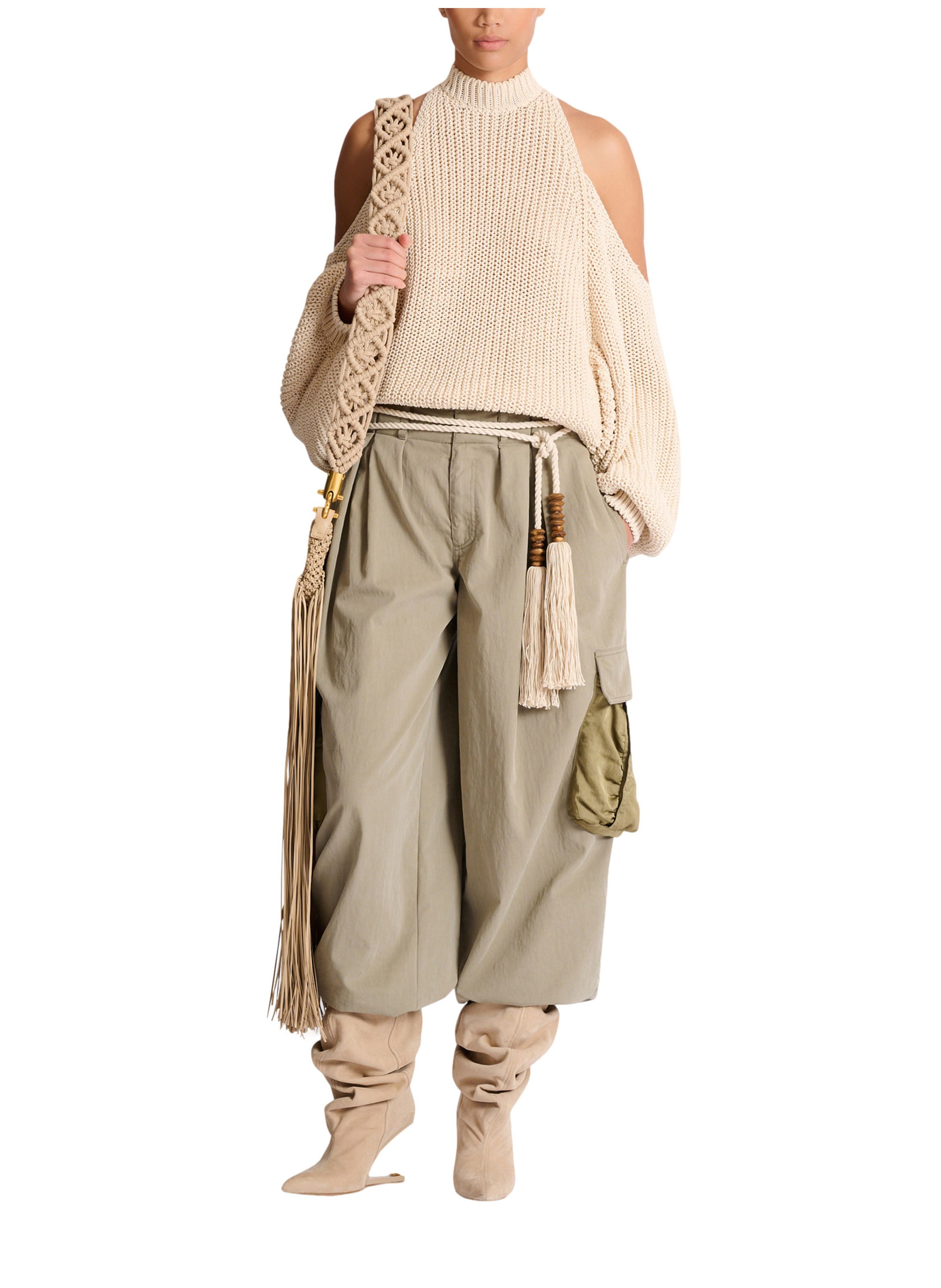 Pull à épaules dénudées en maille de coton BALMAIN Beige