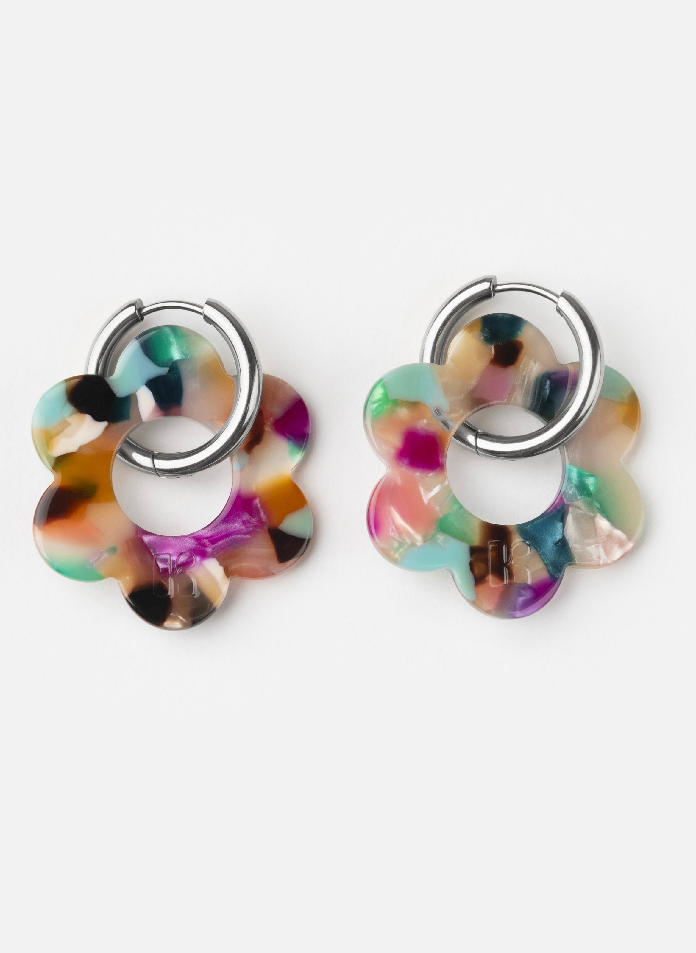 Boucles d'oreilles Maxi Fleurette avec anneaux en acier inoxydable argenté KURAGE GINZA Multicolore