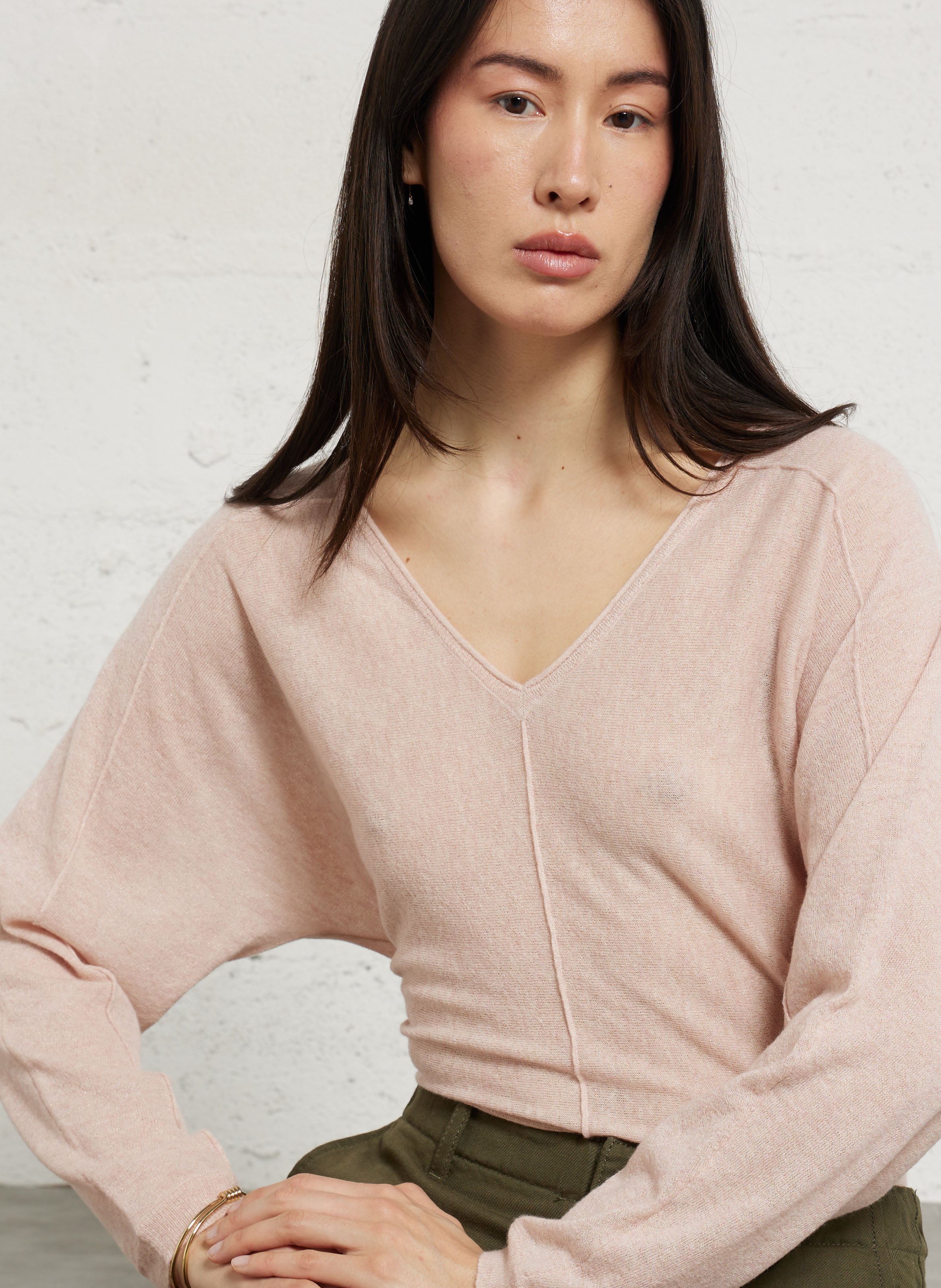 Pull ample col v en laine mélangée pitt MAISON 123 Rose