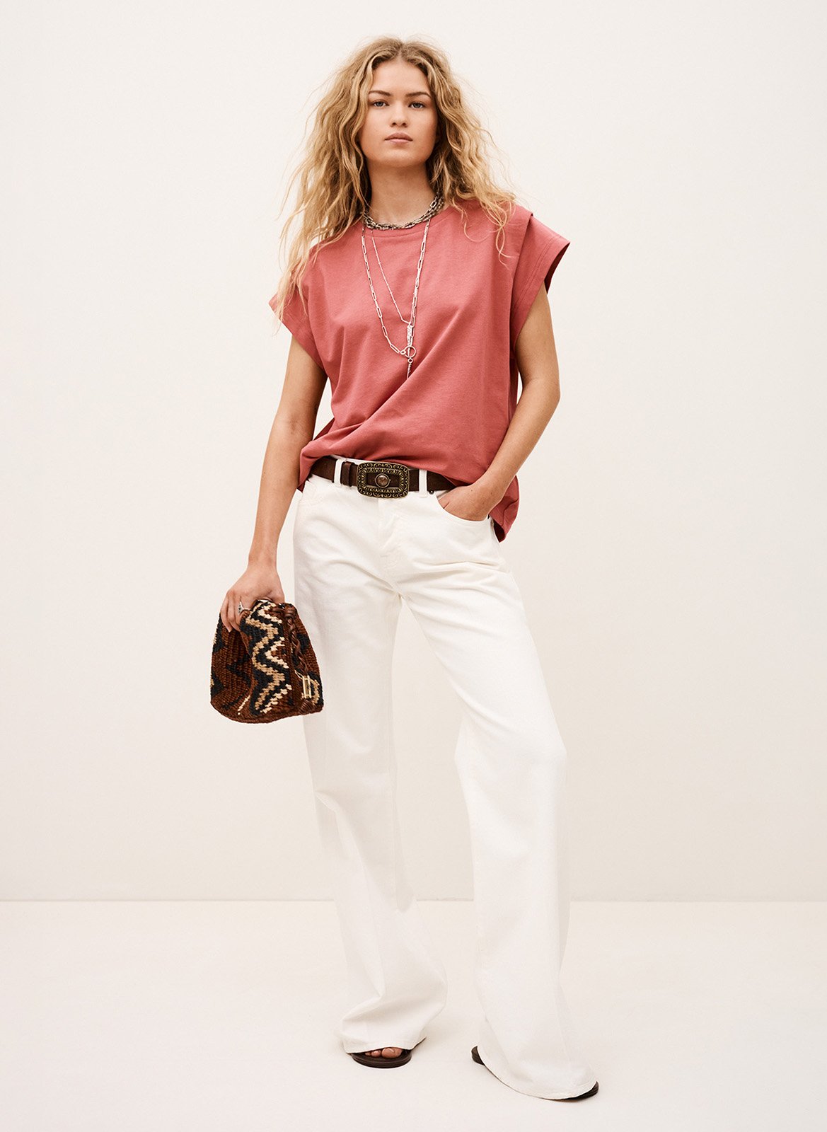 Tee-shirt droit col rond en coton pio BA&SH Rose