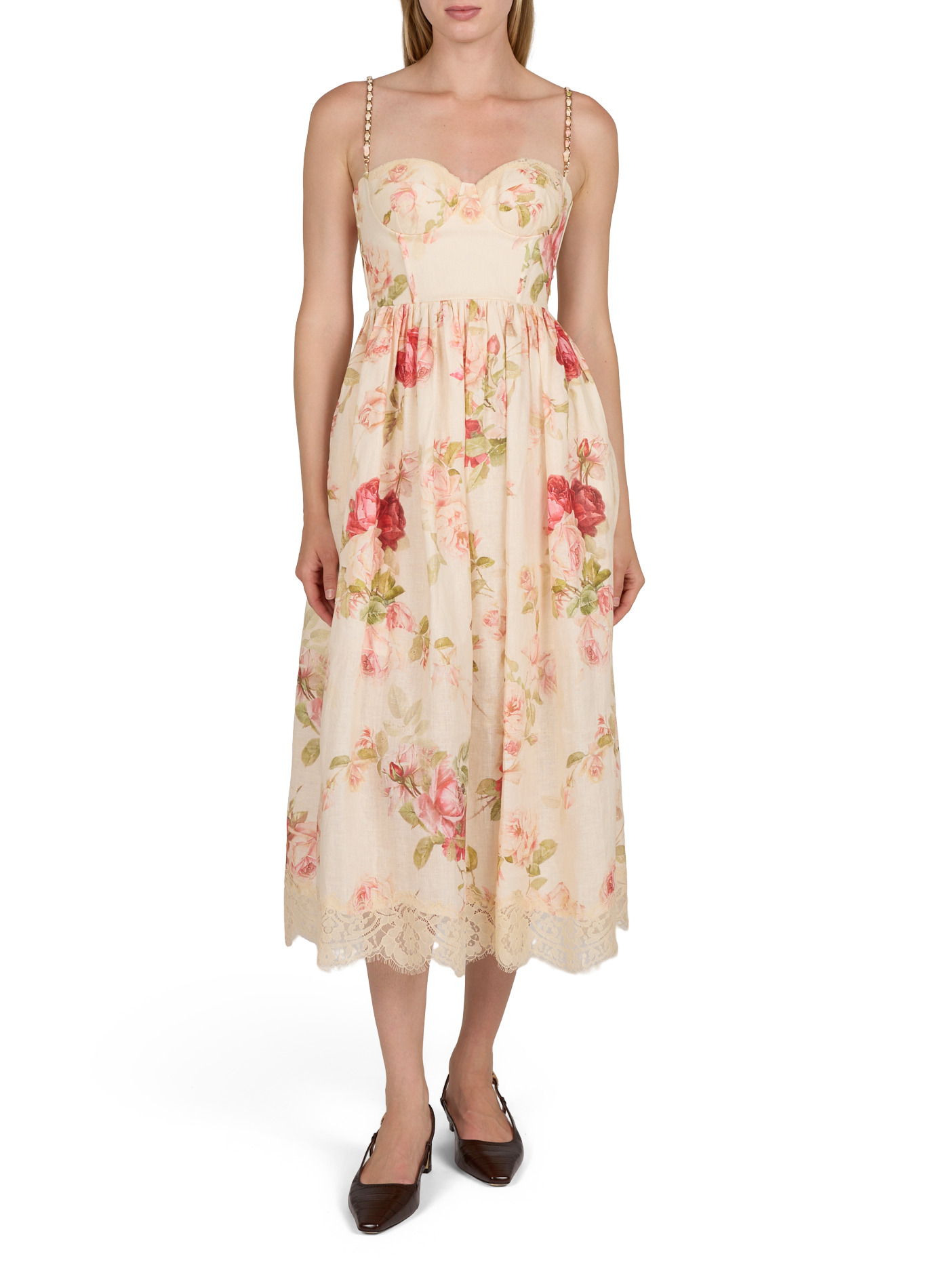 Midi-Kleid aus Leinen mit Blumendruck und Spitzenborte ZIMMERMANN Rosa
