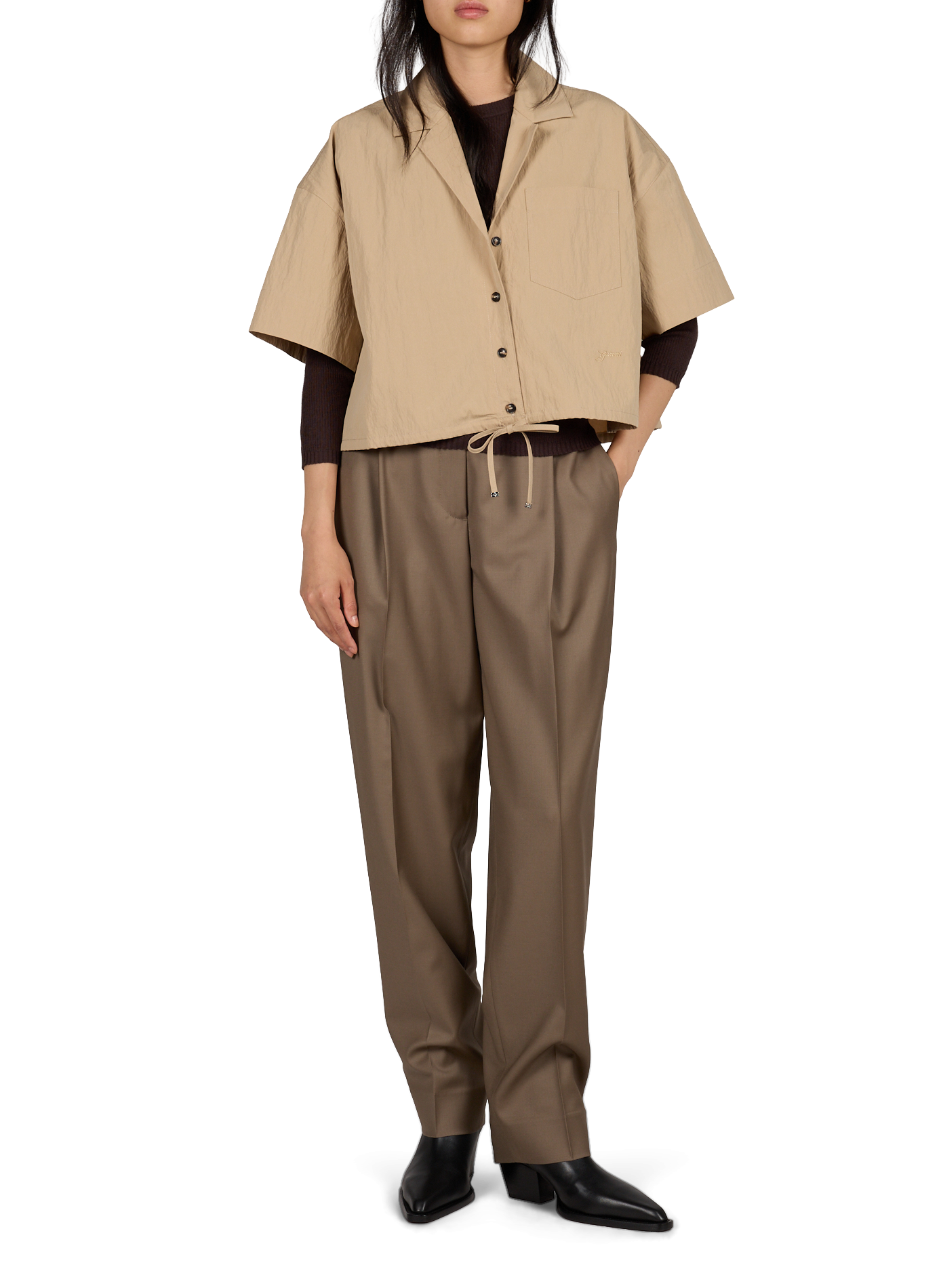 Short-sleeved shirt in blended cotton GANNI Beige