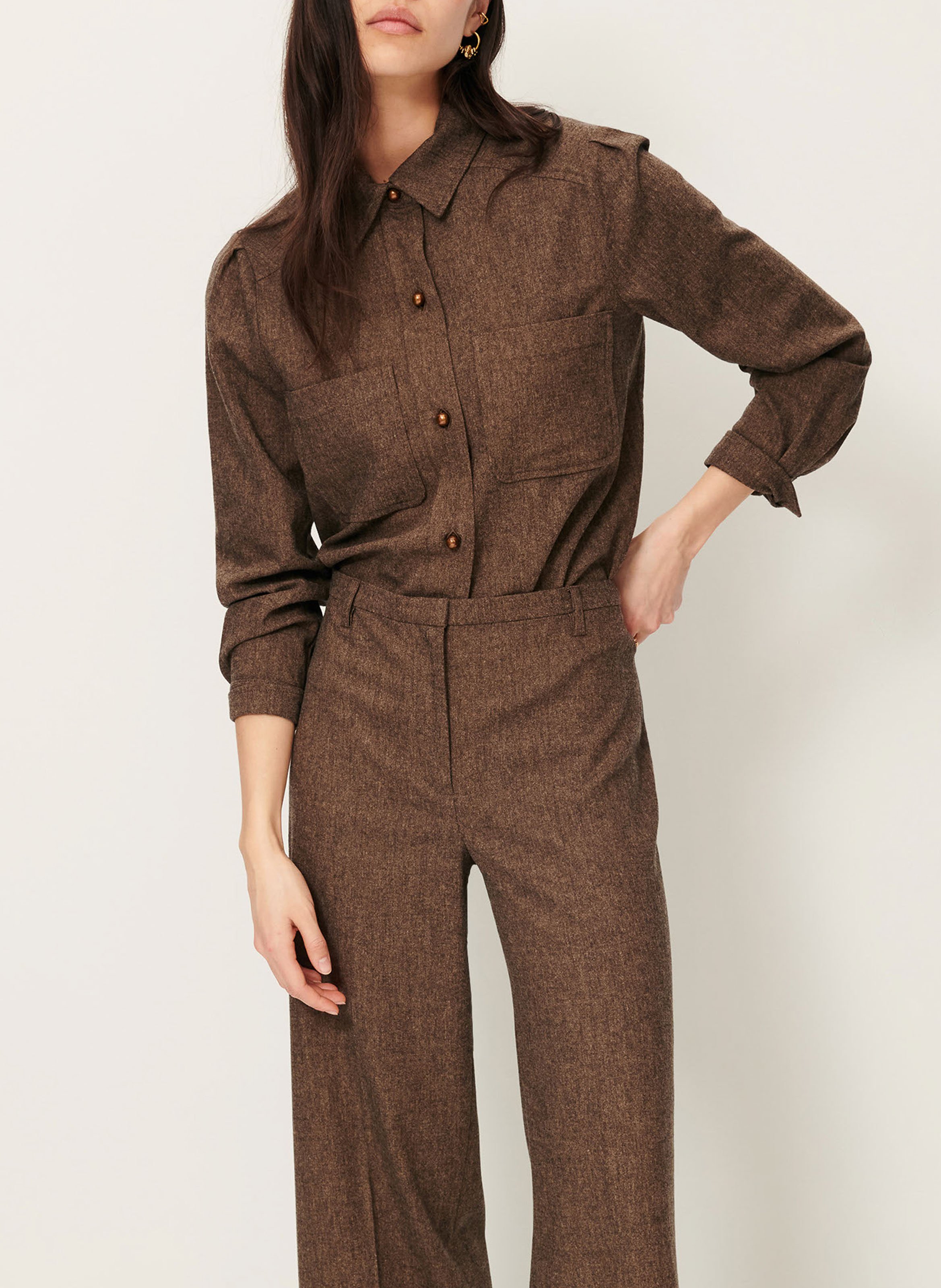 Chemise courte unie à poches plaquées theowool SESSUN Marron