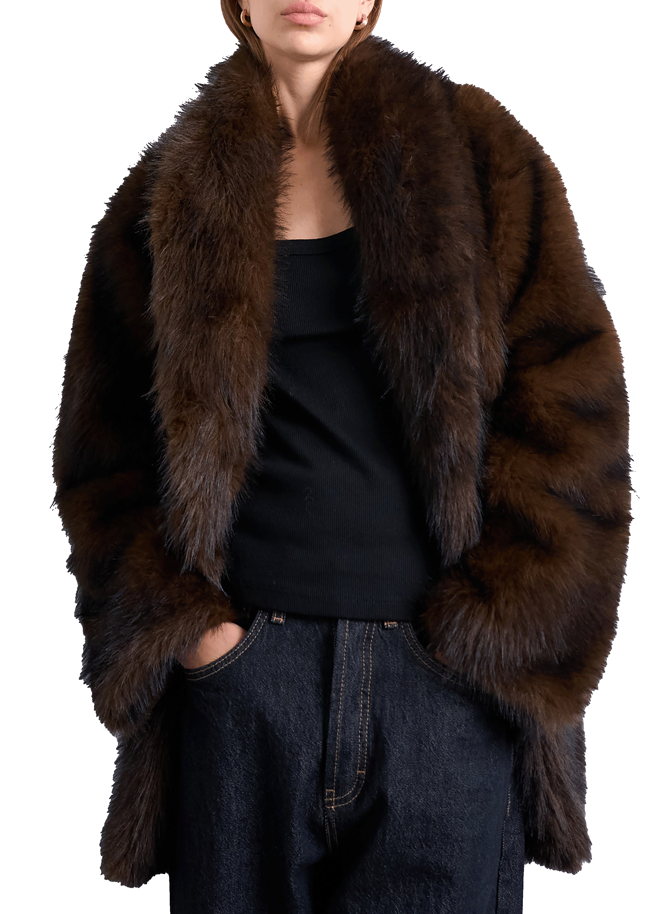 TOPSHOP Manteau droit en fausse fourrure Marron