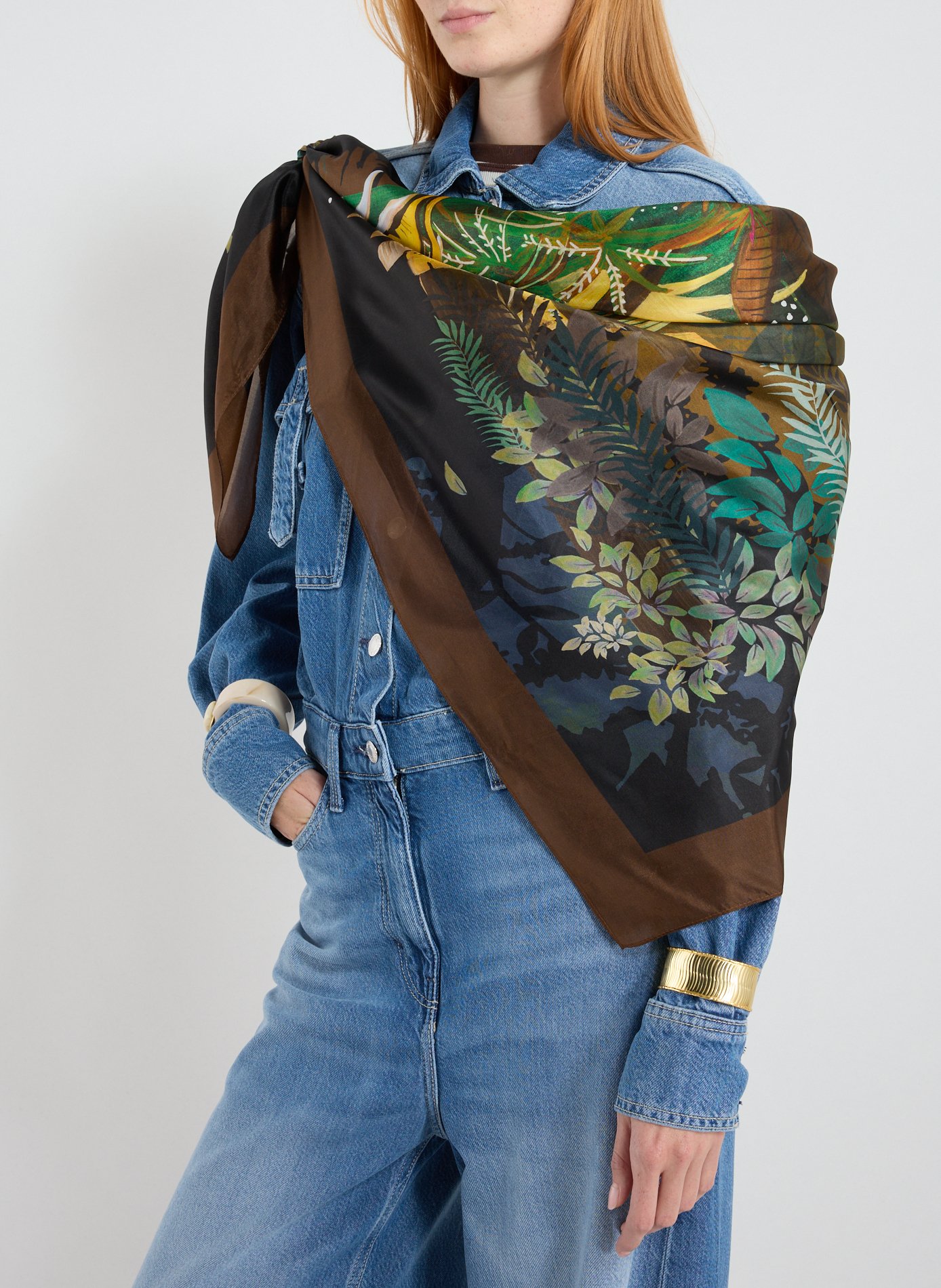 Foulard imprimé floral en soie WILD Kaki