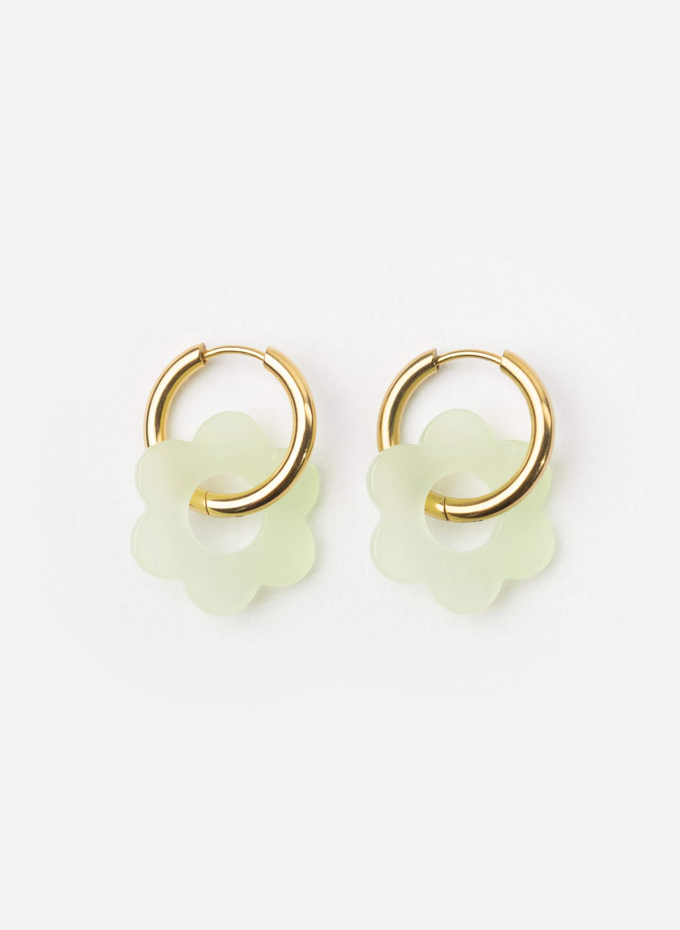 Boucles d'oreilles maxi fleurette avec anneaux en acier inoxydable doré Vert